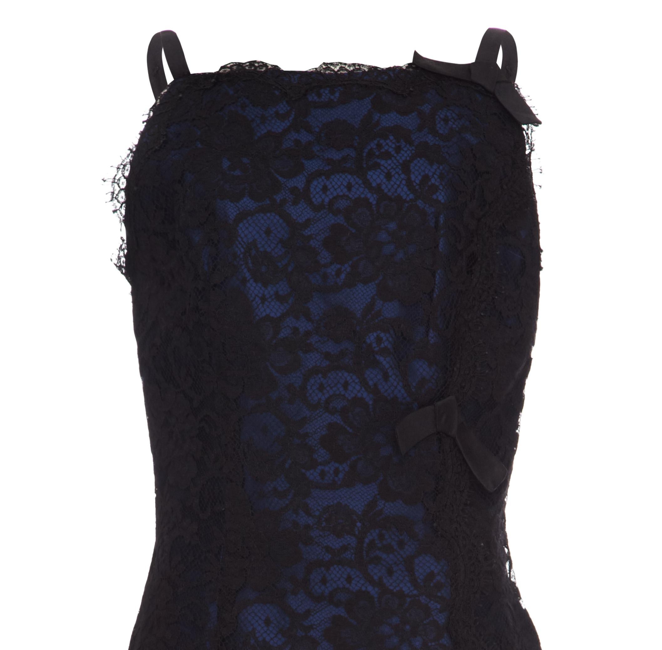 1990s David Fielden Couture Black Lace Dress with Blue Underlay In Excellent Condition In London, GB