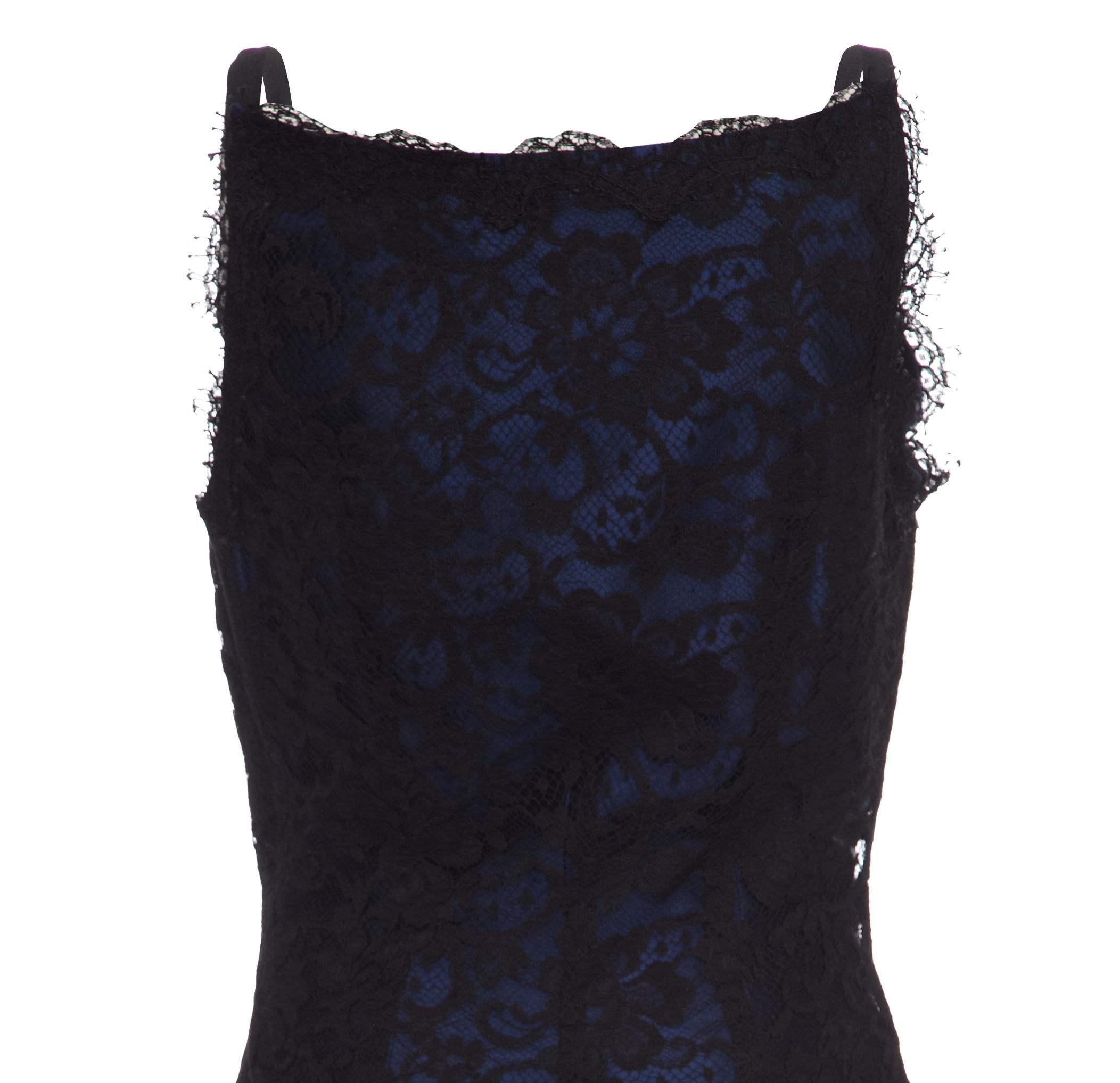 Women's 1990s David Fielden Couture Black Lace Dress with Blue Underlay