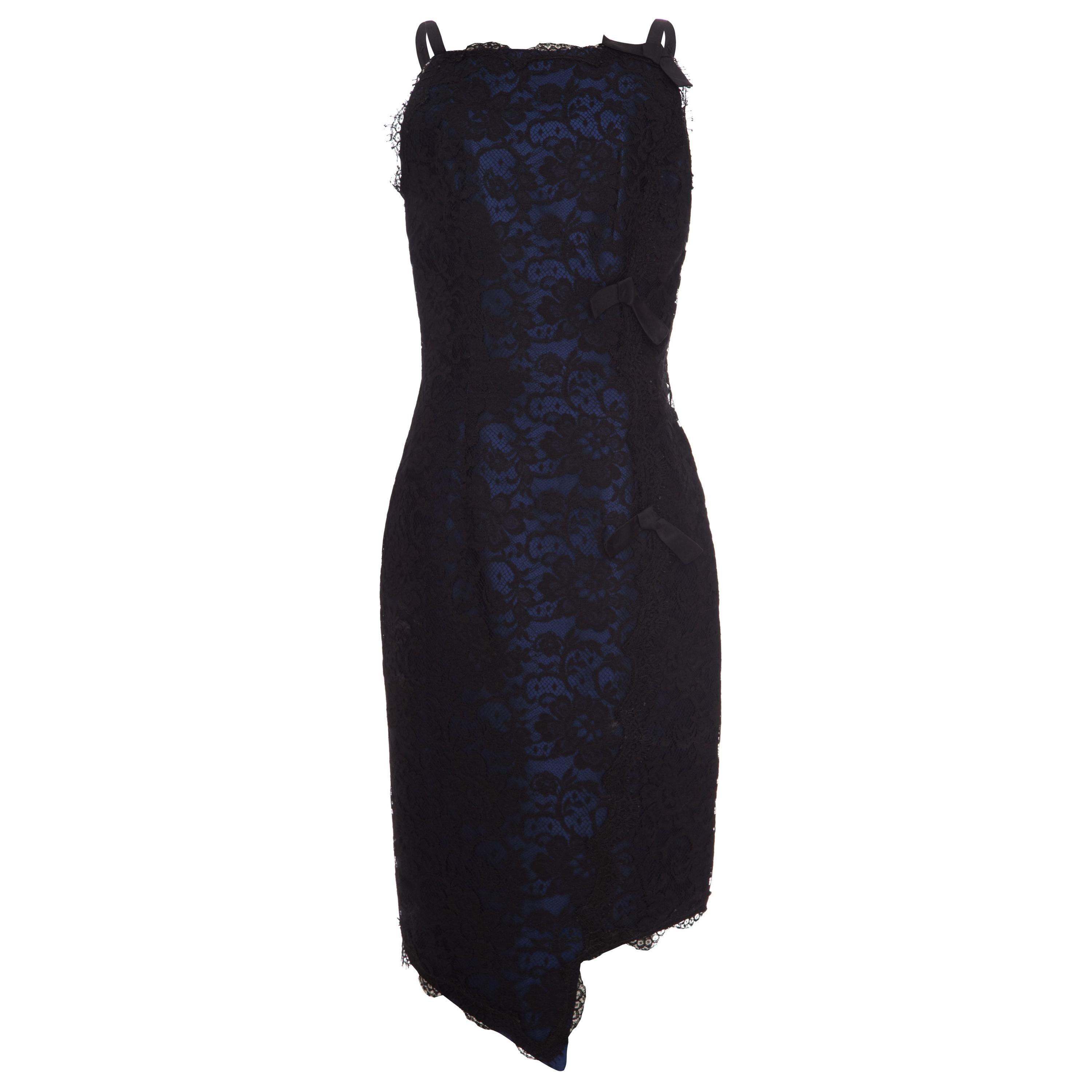 1990s David Fielden Couture Black Lace Dress with Blue Underlay