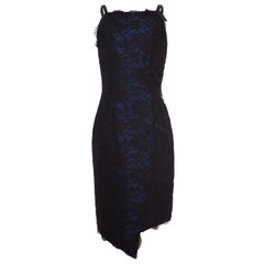 Vintage 1990s David Fielden Couture Black Lace Dress with Blue Underlay