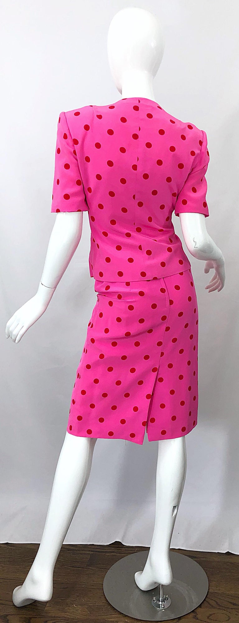1990s David Hayes for Saks 5th Avenue Hot Pink Red Polka Dot Vintage Skirt  Suit