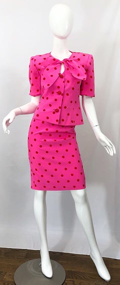 1990s David Hayes for Saks 5th Avenue Hot Pink Red Polka Dot Vintage Skirt Suit