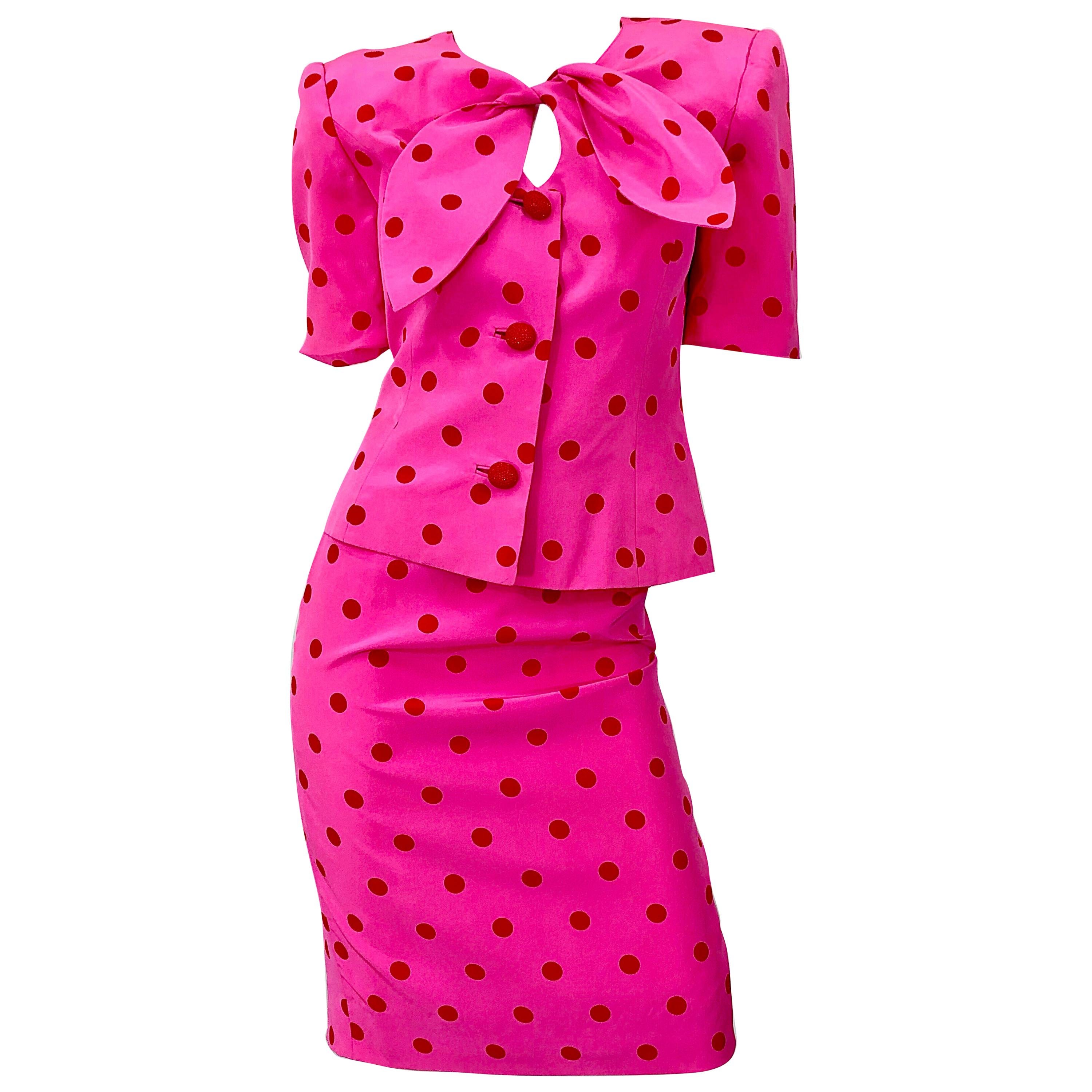 1990s David Hayes for Saks 5th Avenue Hot Pink Red Polka Dot Vintage Skirt Suit
