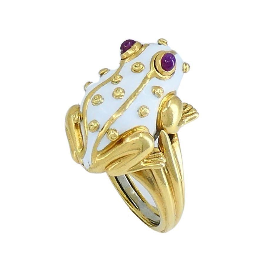 Cabochon 1990s David Webb 18k Gold White Enamel Ruby Frog Ring 7.5 For Sale