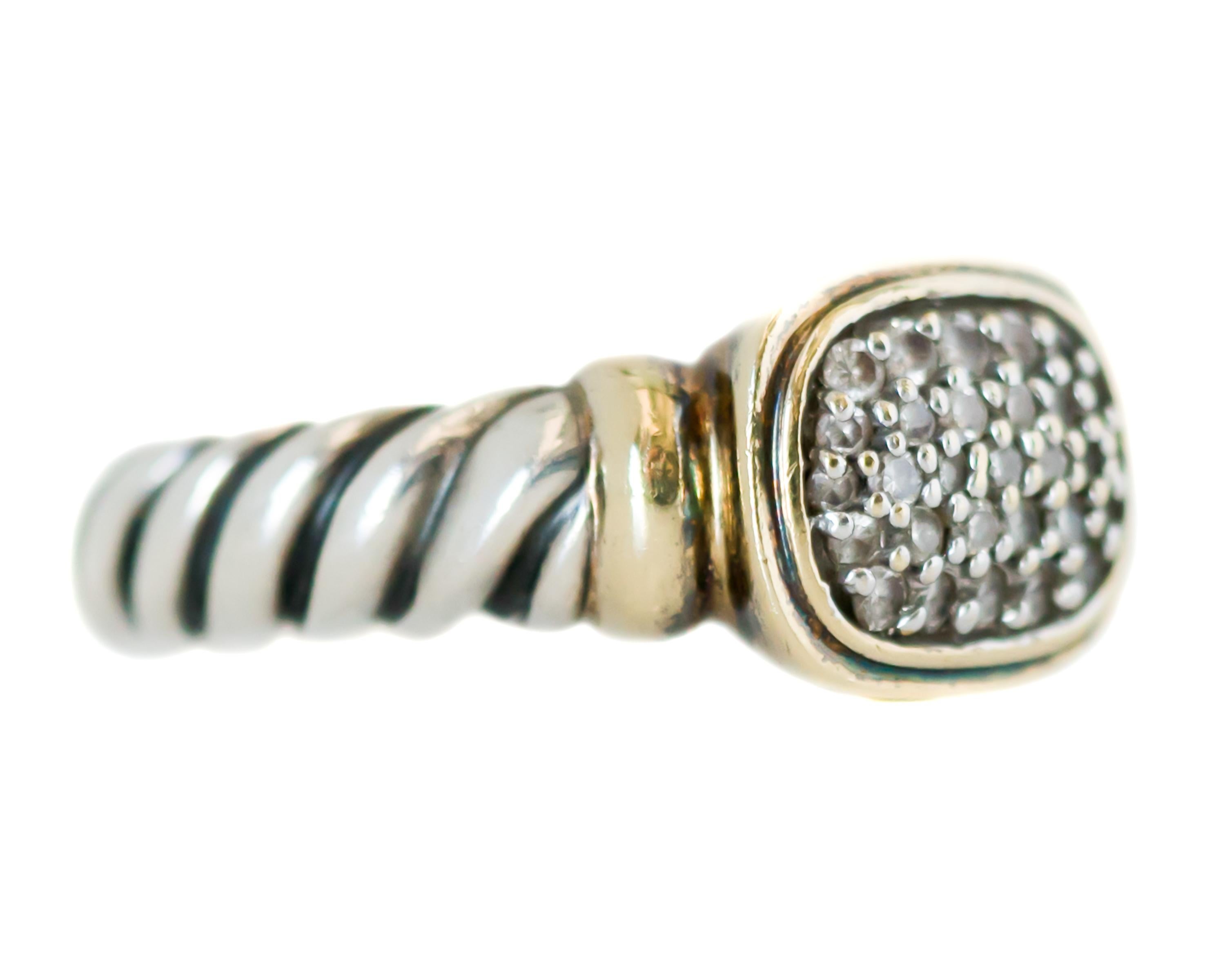 1990s David Yurman Diamond Cable Ring - 18 Karat Yellow Gold, Sterling Silver, Diamonds

Features:
Pave Diamond Ring Face
18 Karat Yellow Gold Frame and Shoulders
Sterling Silver Cable Shank and Back

Ring fits a size 7 3/4 and can be resized
Finger