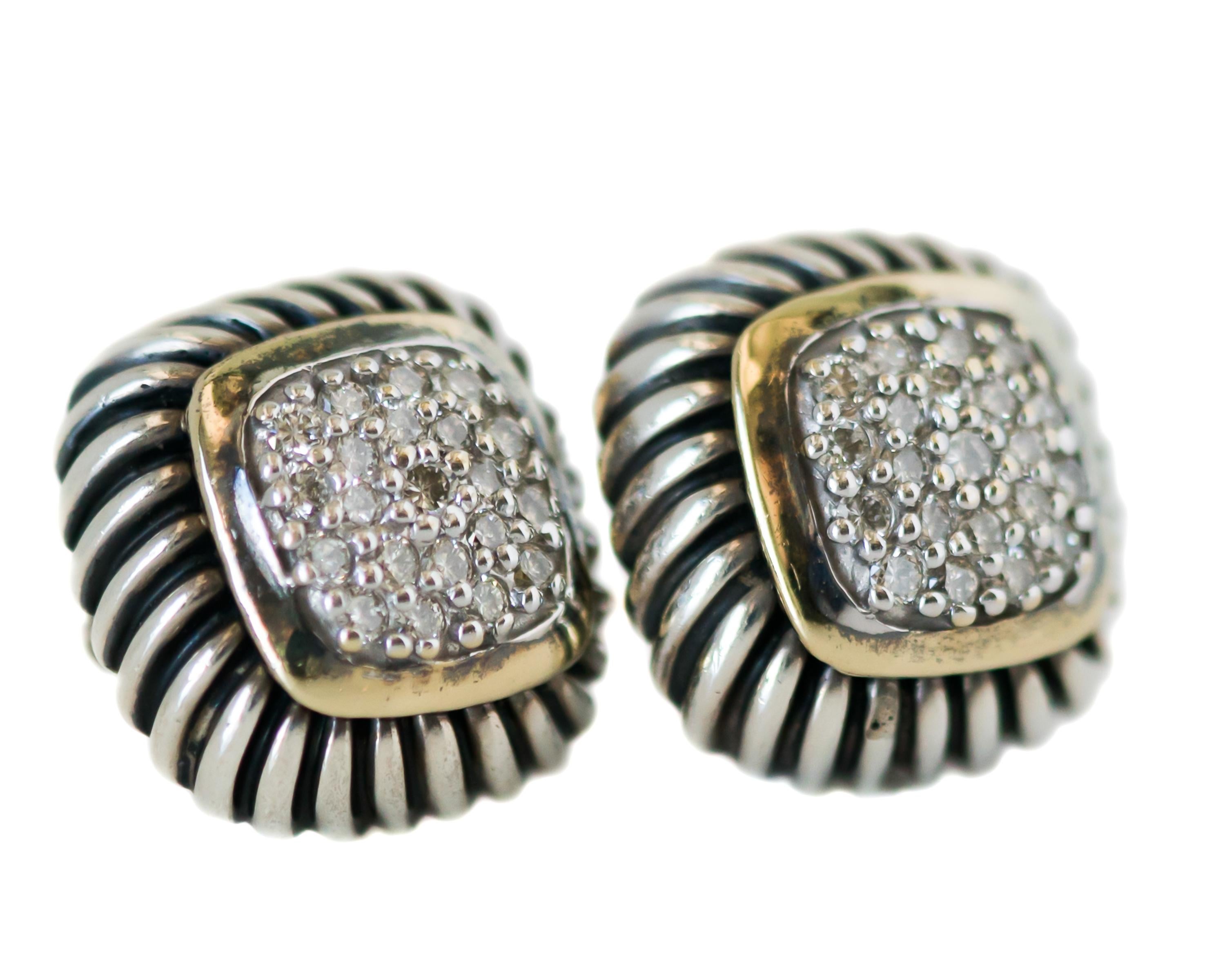 1990s David Yurman Cable Stud Earrings - 18 Karat Yellow Gold, Sterling Silver, Diamonds

Features:
Pave Diamond Center
18 Karat Yellow Gold Bezel setting 
Sterling Silver Cable Frame and earring back
Earrings measure 13.5 millimeters