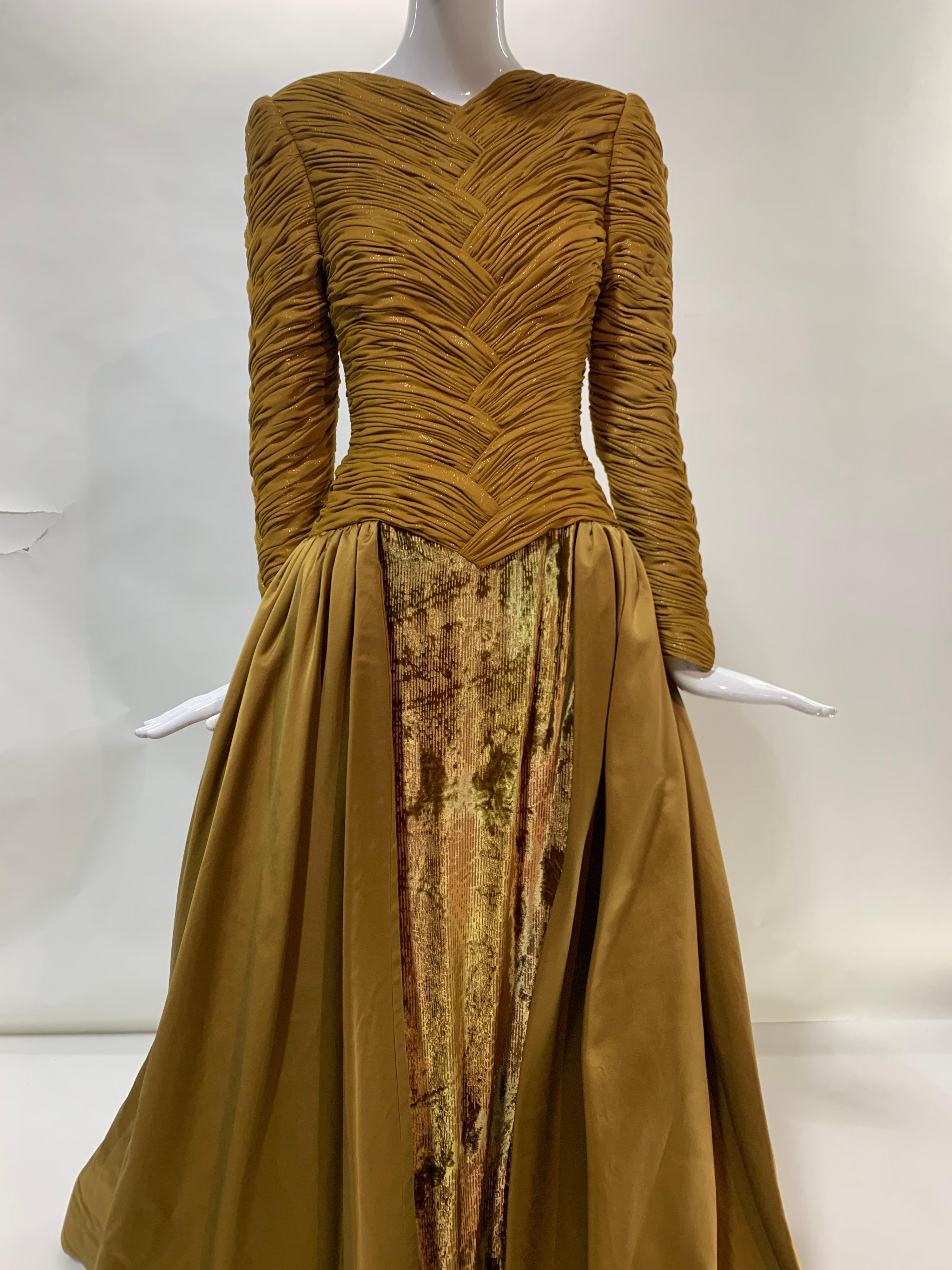 Women's 1990s Demi-Couture Gold Silk Ball Gown w/ Velvet Sheath & Dramatic Satin Skirt  For Sale