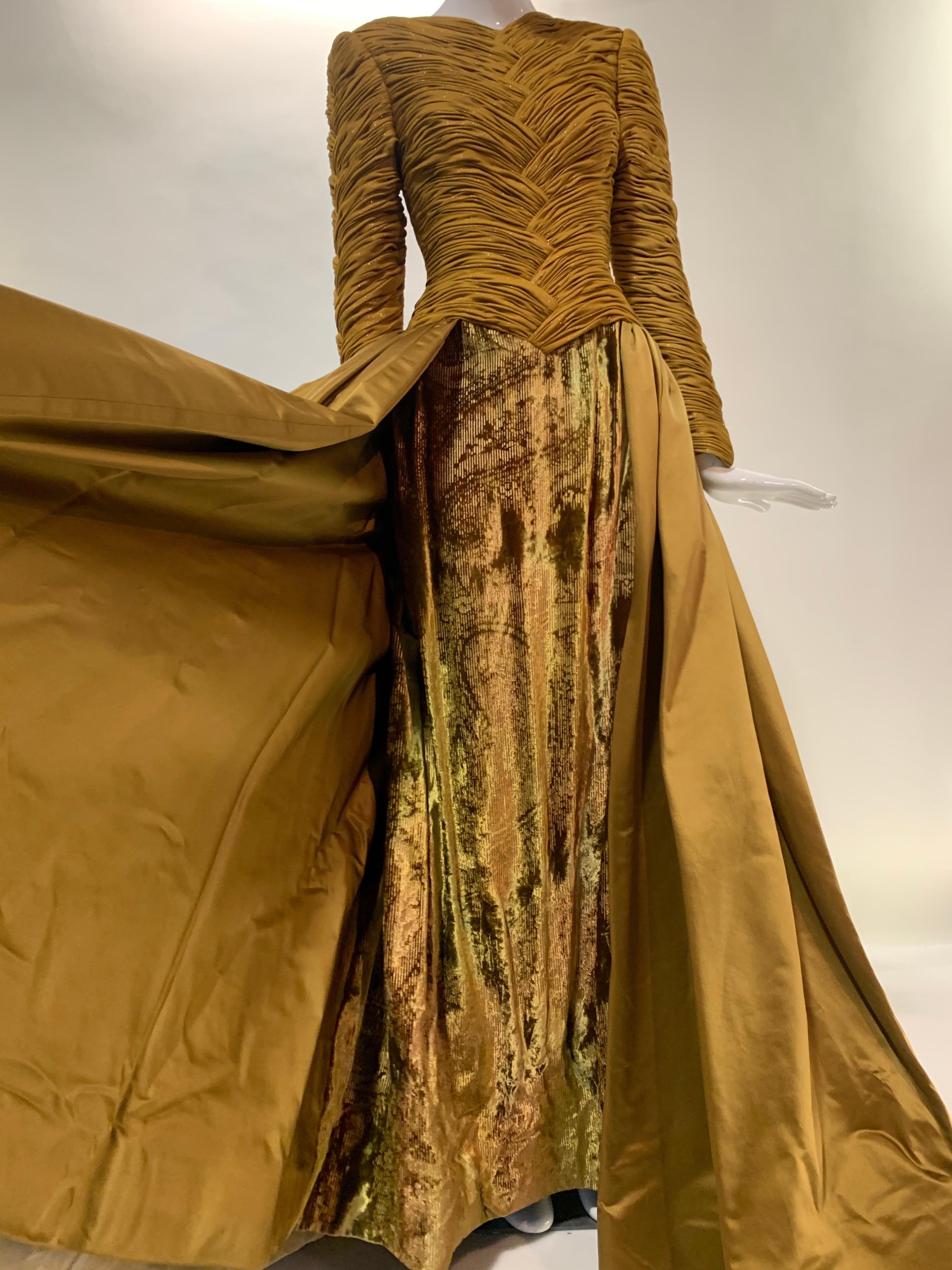 1990s Demi-Couture Gold Silk Ball Gown w/ Velvet Sheath & Dramatic Satin Skirt  For Sale 1