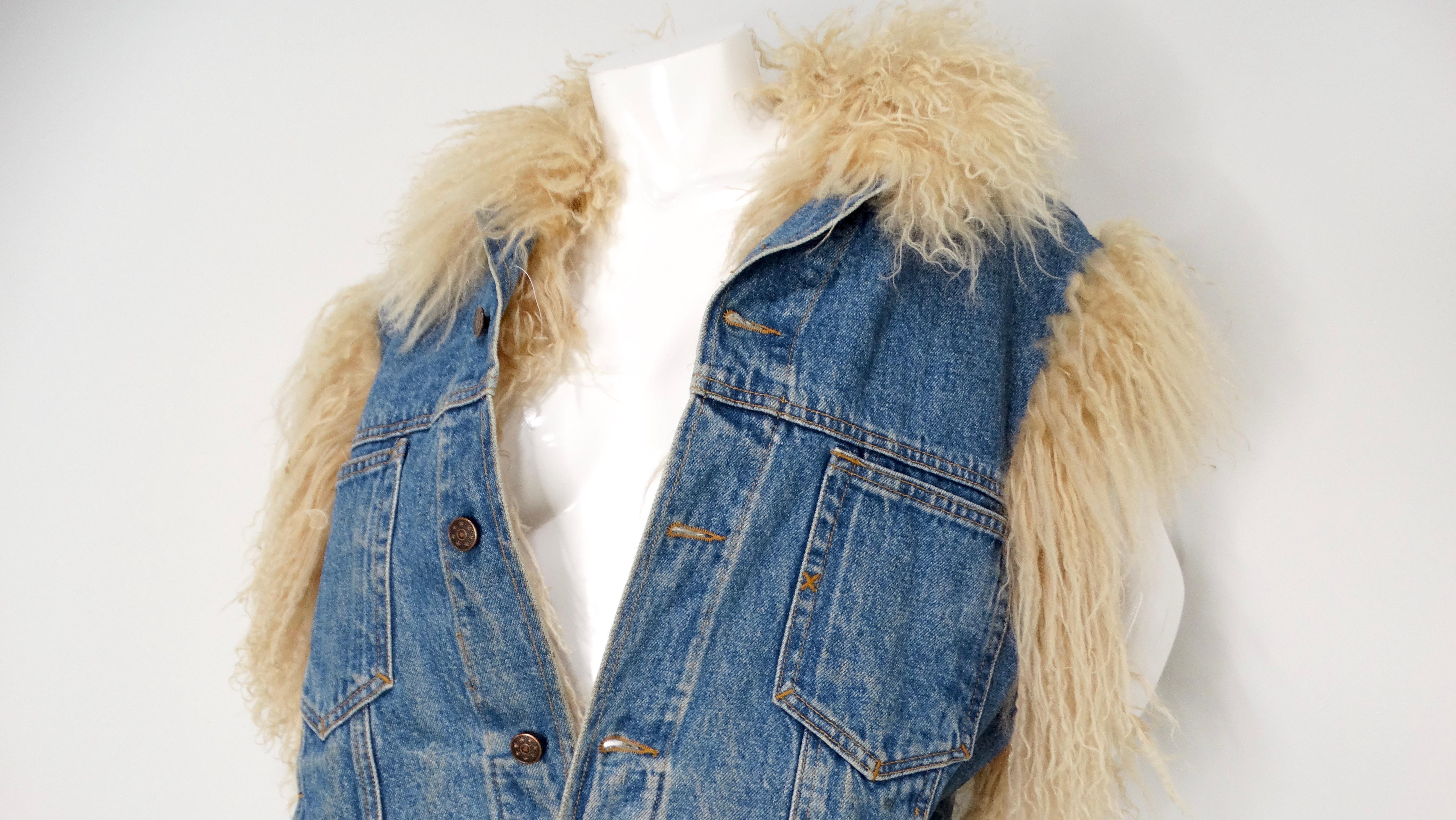 Gray 1990s Denim Blue Mongolian Lamb Fur Lined Vest For Sale