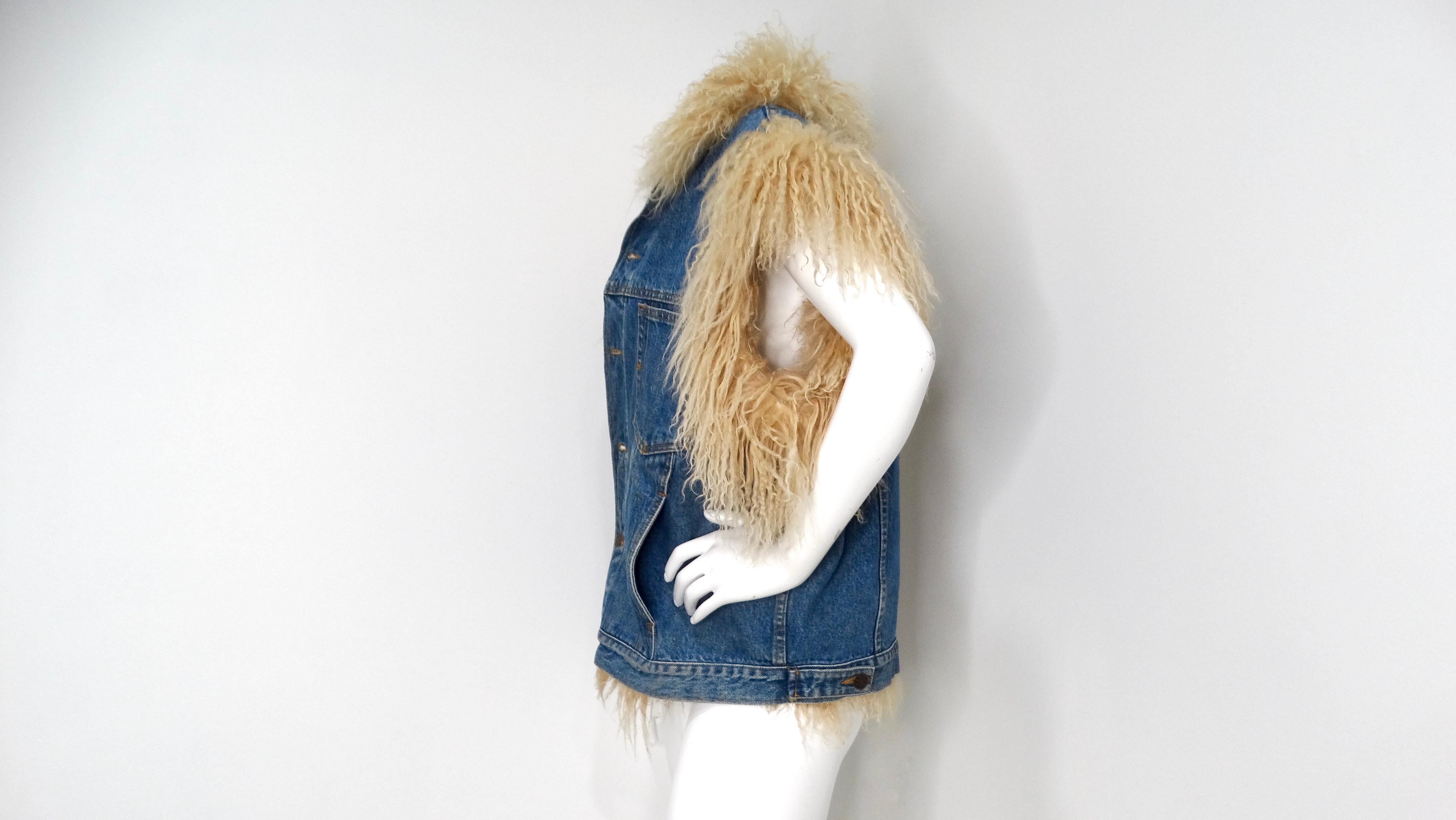 1990s Denim Blue Mongolian Lamb Fur Lined Vest In Good Condition For Sale In Scottsdale, AZ