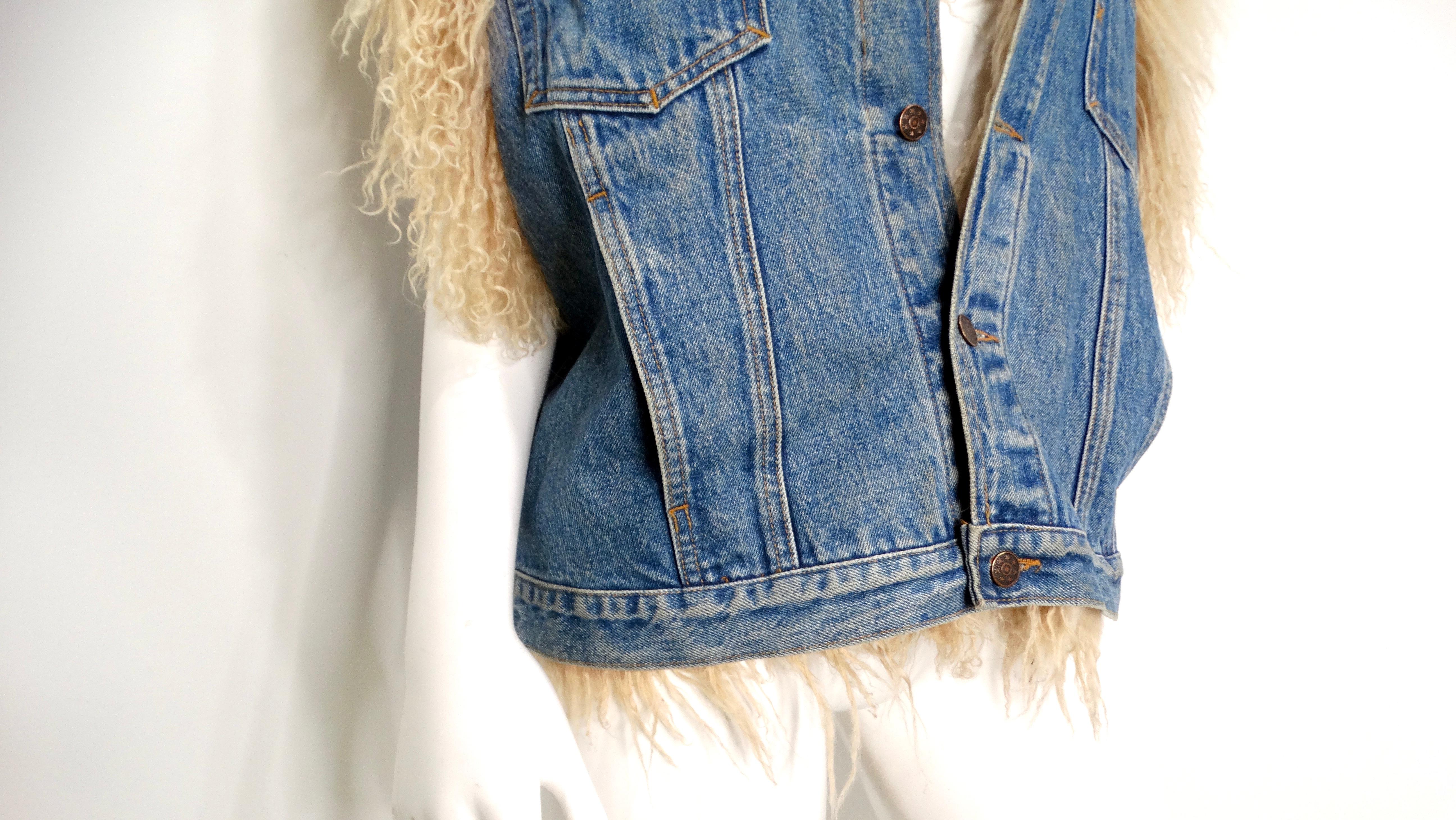 Women's or Men's 1990s Denim Blue Mongolian Lamb Fur Lined Vest For Sale