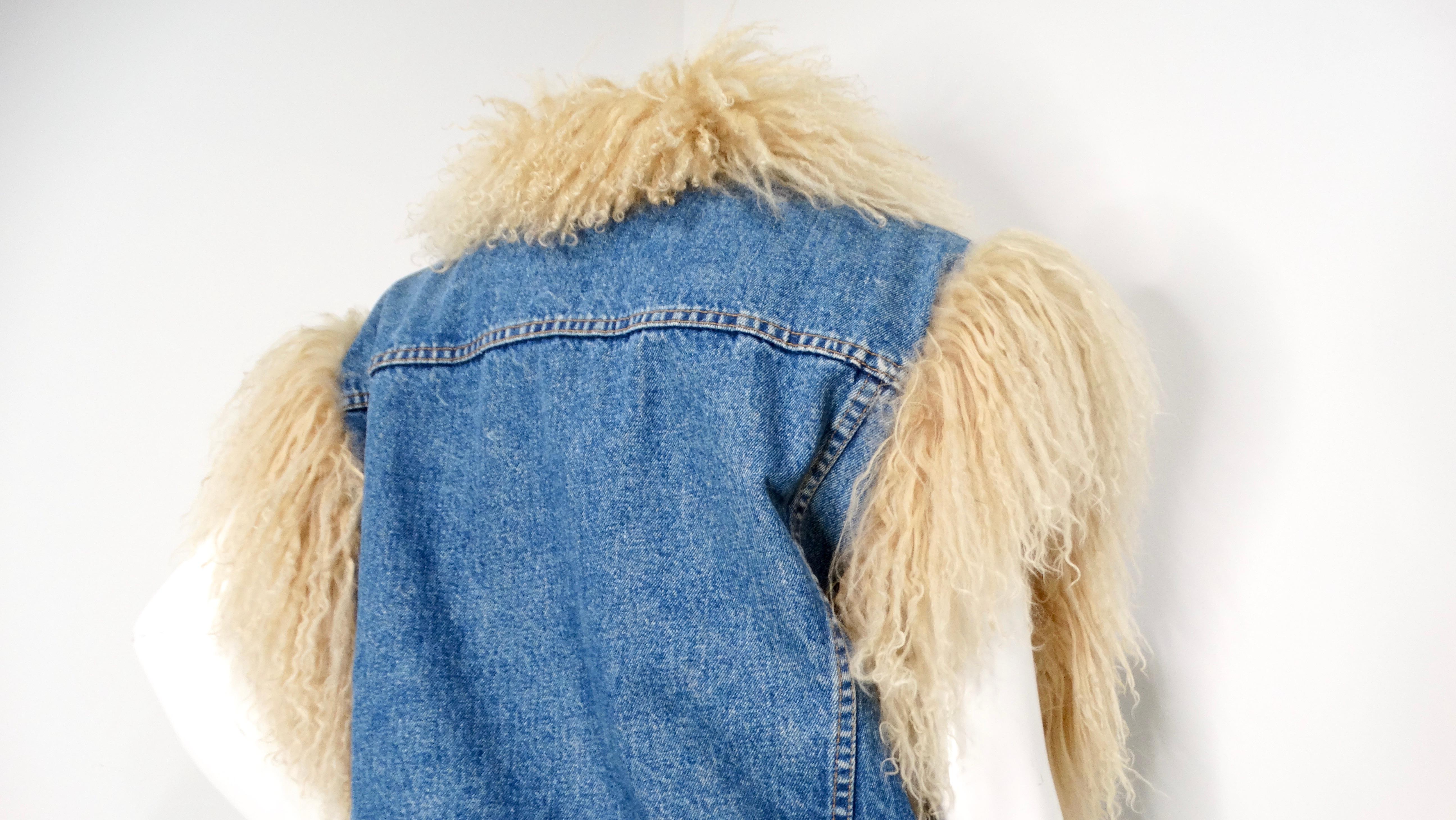 1990s Denim Blue Mongolian Lamb Fur Lined Vest For Sale 2