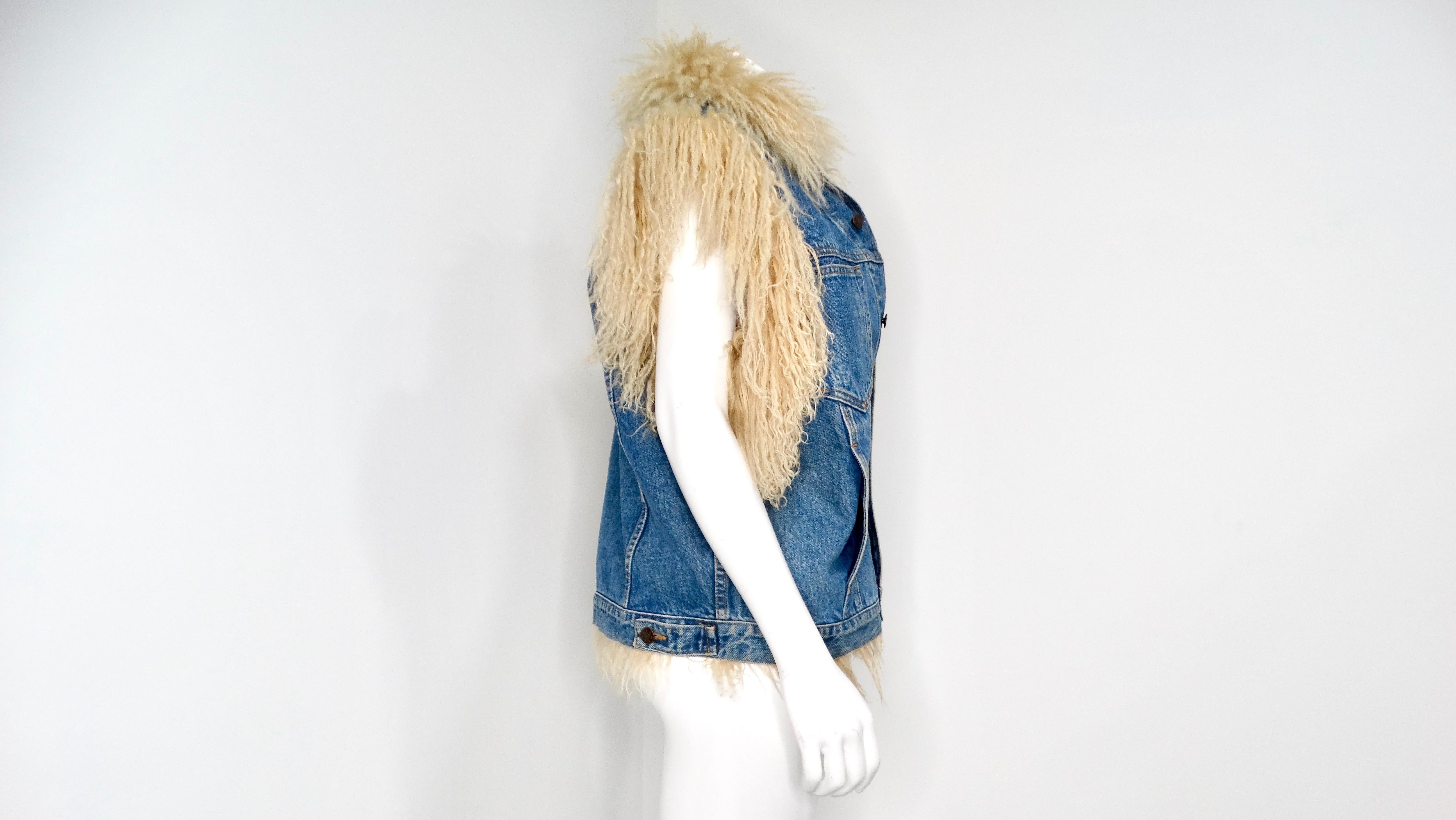 1990s Denim Blue Mongolian Lamb Fur Lined Vest For Sale 3