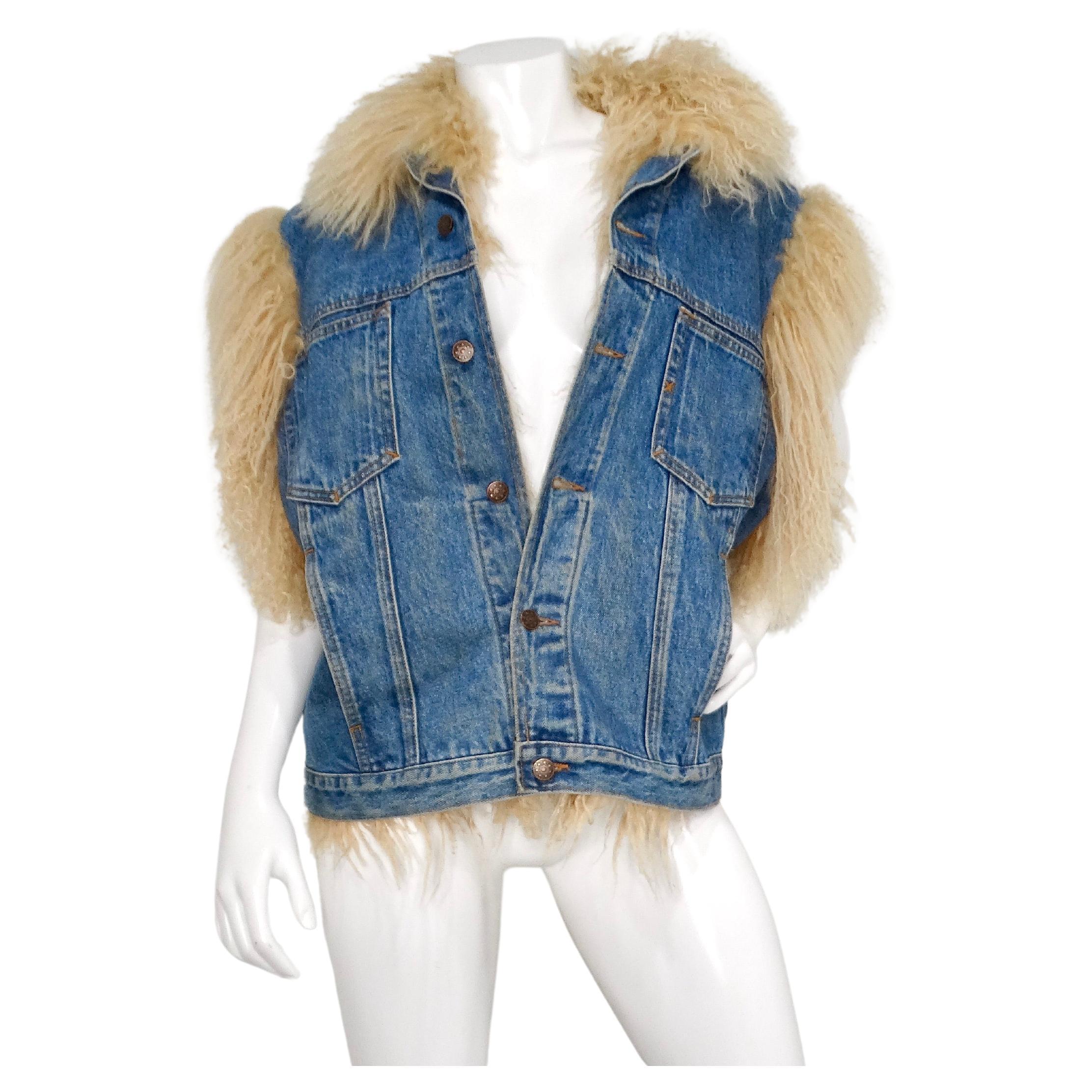 1990s Denim Blue Mongolian Lamb Fur Lined Vest For Sale