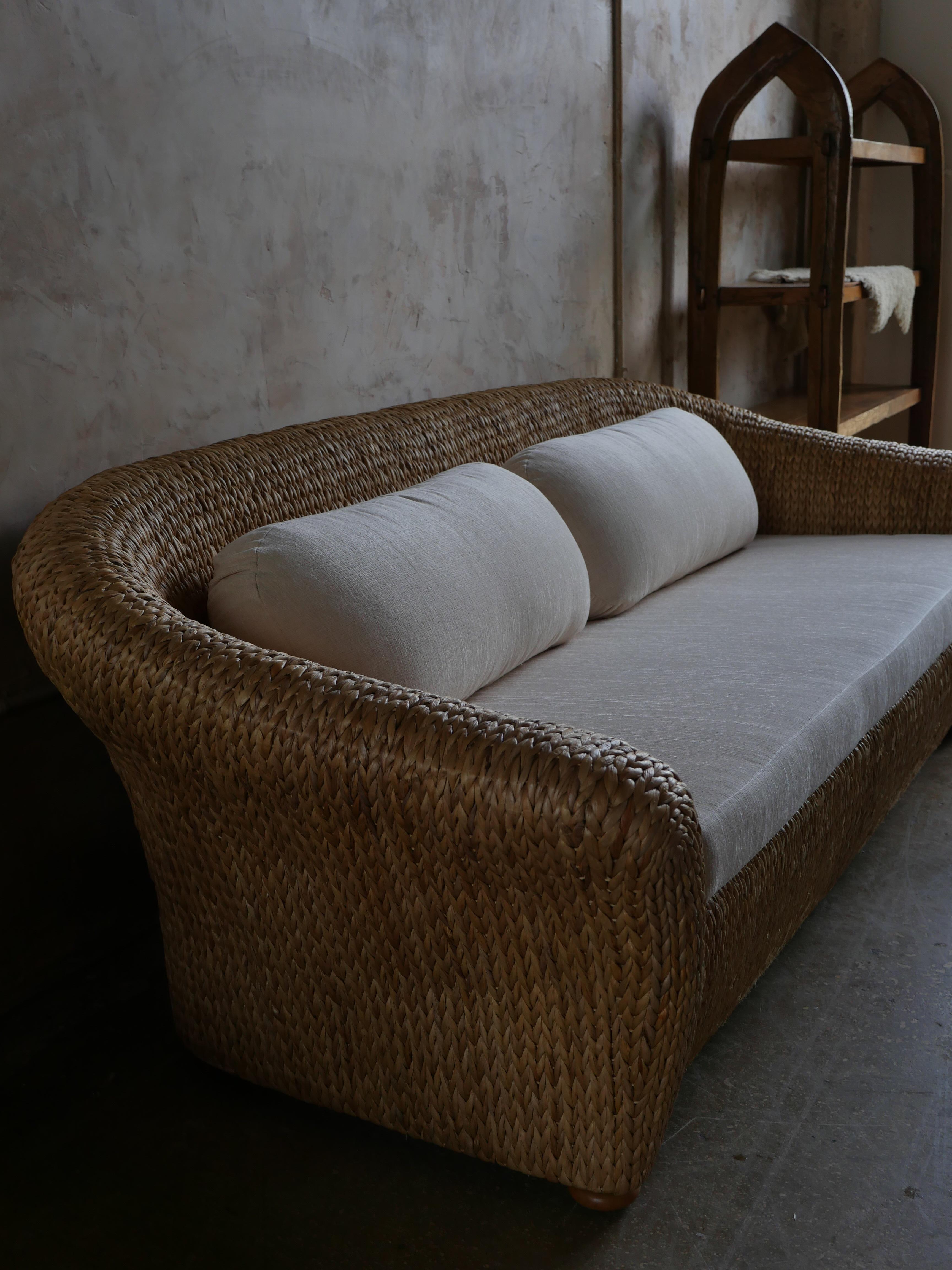 1990s Designer Water Hyacinth Sofa with Holly Hunt Chenille Upholstery  3