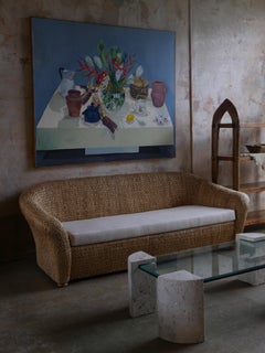 Divano di design anni '90 in giacinto d'acqua con tappezzeria in ciniglia HOLLY HUNT