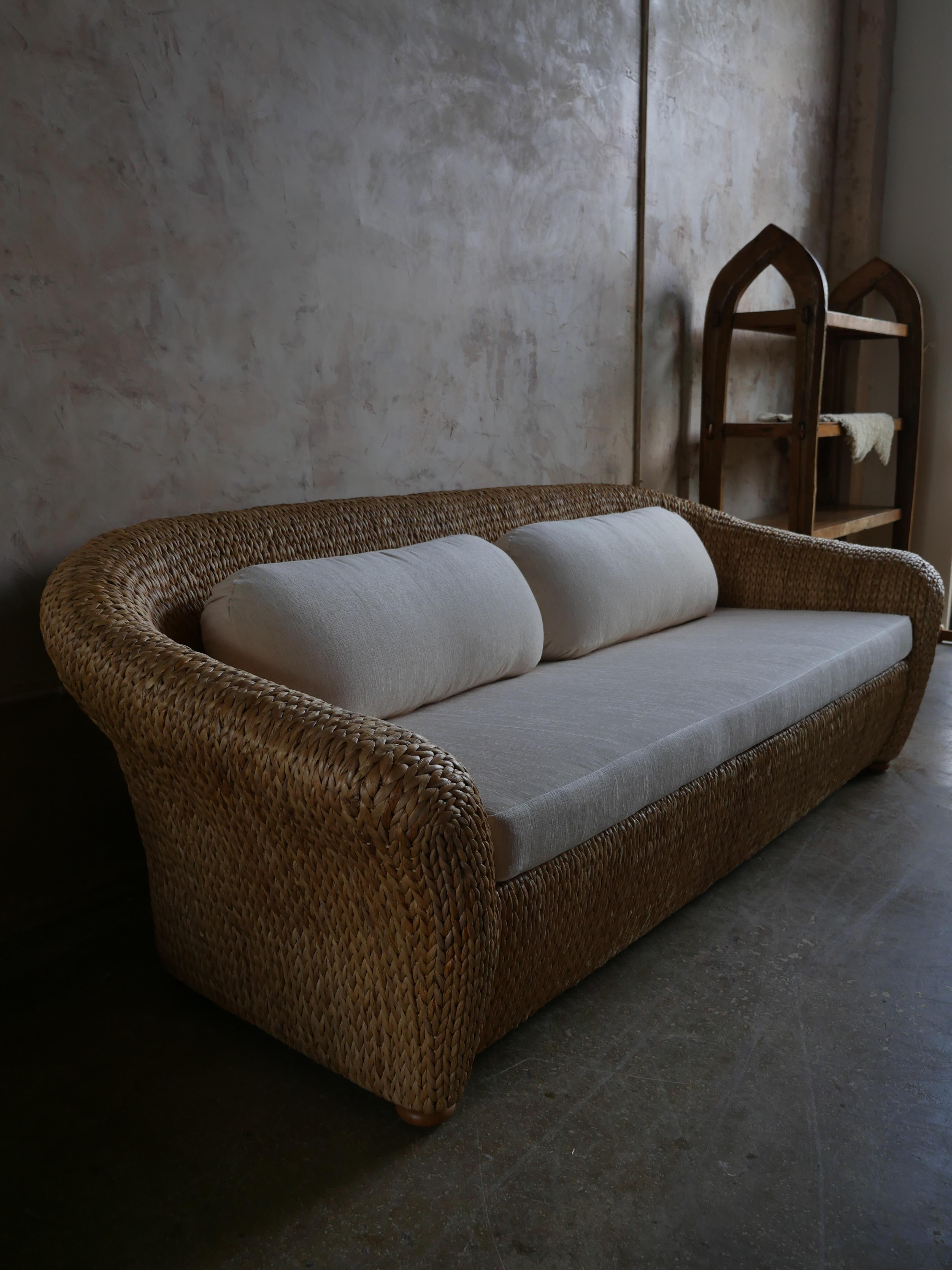1990s Designer Water Hyacinth Sofa with Holly Hunt Chenille Upholstery  2