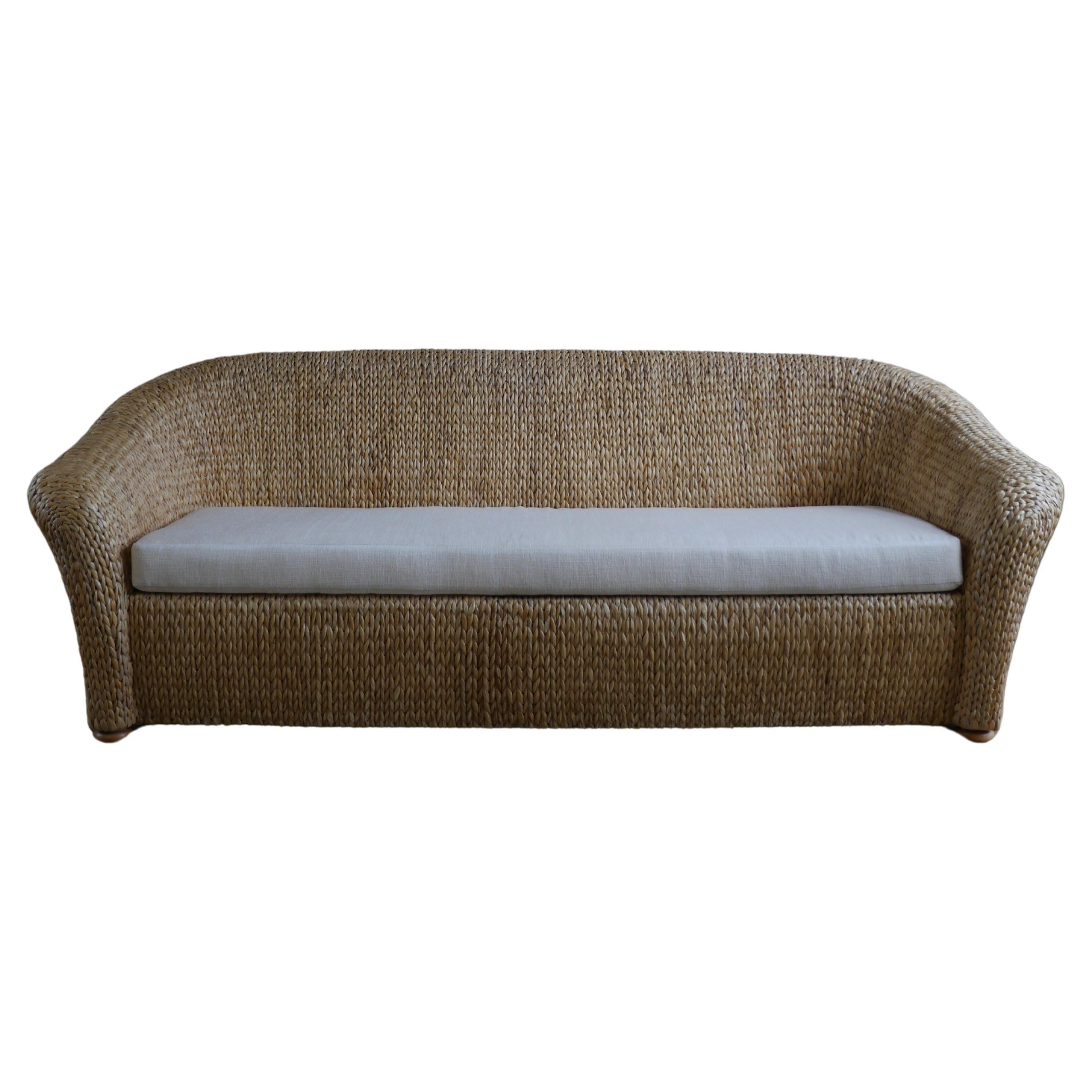 1990s Designer Water Hyacinth Sofa with Holly Hunt Chenille Upholstery 