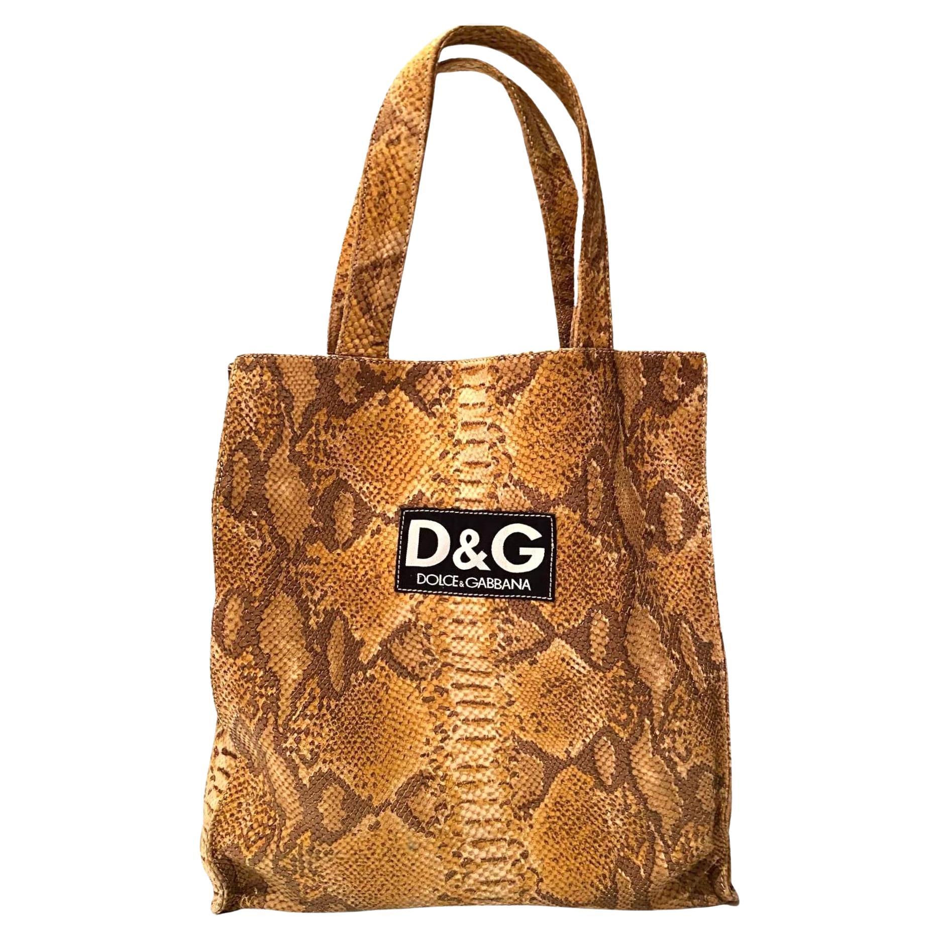 1990s D&G Dolce Gabbana Brown Leather Snake Print Shopper Tote Bag