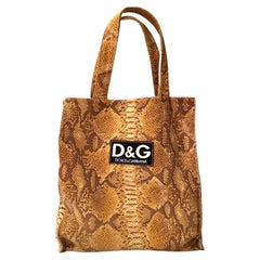 Vintage 1990s D&G by Dolce Gabbana Brown Leather Snake Print Shopper Tote Bag