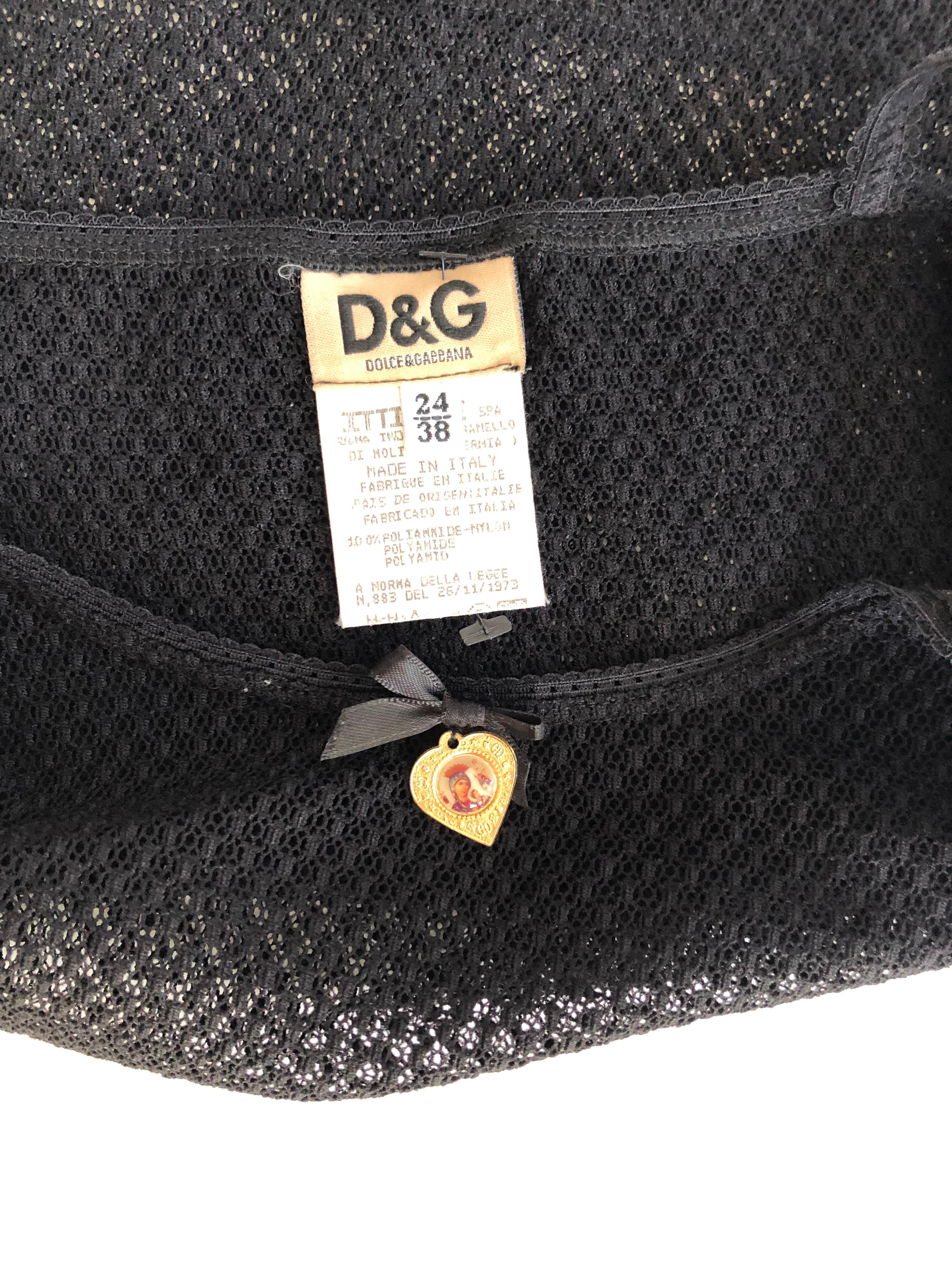 1990's D&G by Dolce & Gabbana Sheer Knit Fishnet Virgin Mary Charm Black Top In Excellent Condition In Naples, FL