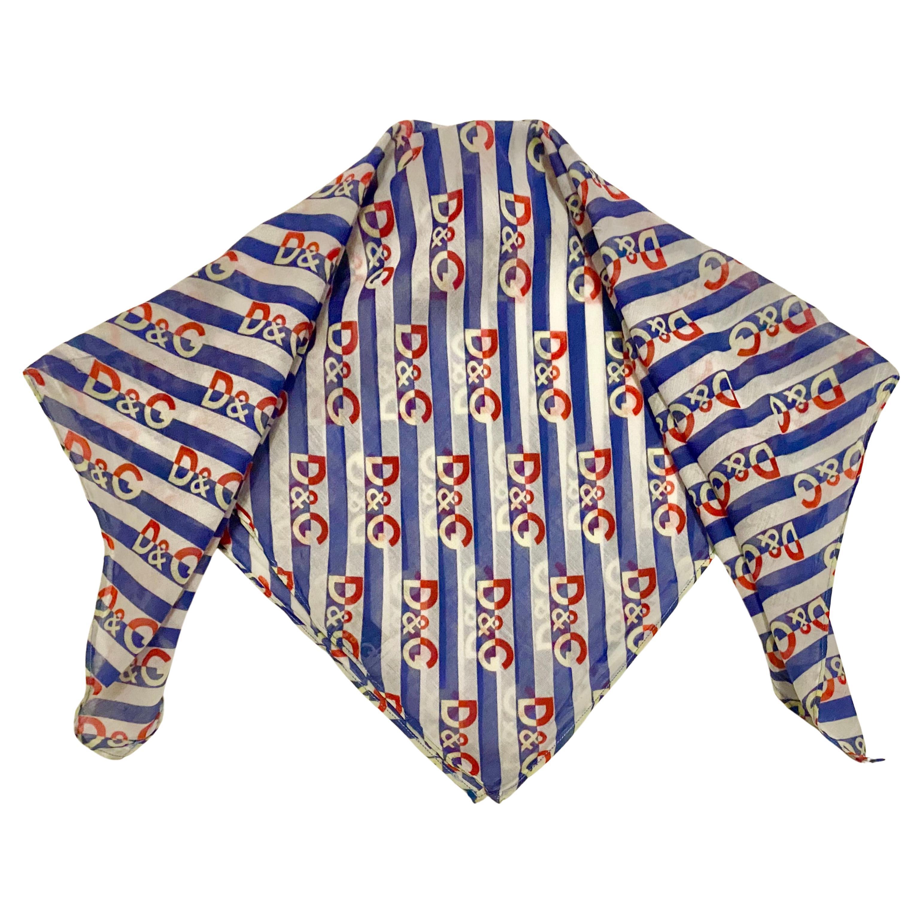 Beige 1990s D&G Dolce & Gabbana Cotton Blue Red Logo Squared Scarf For Sale