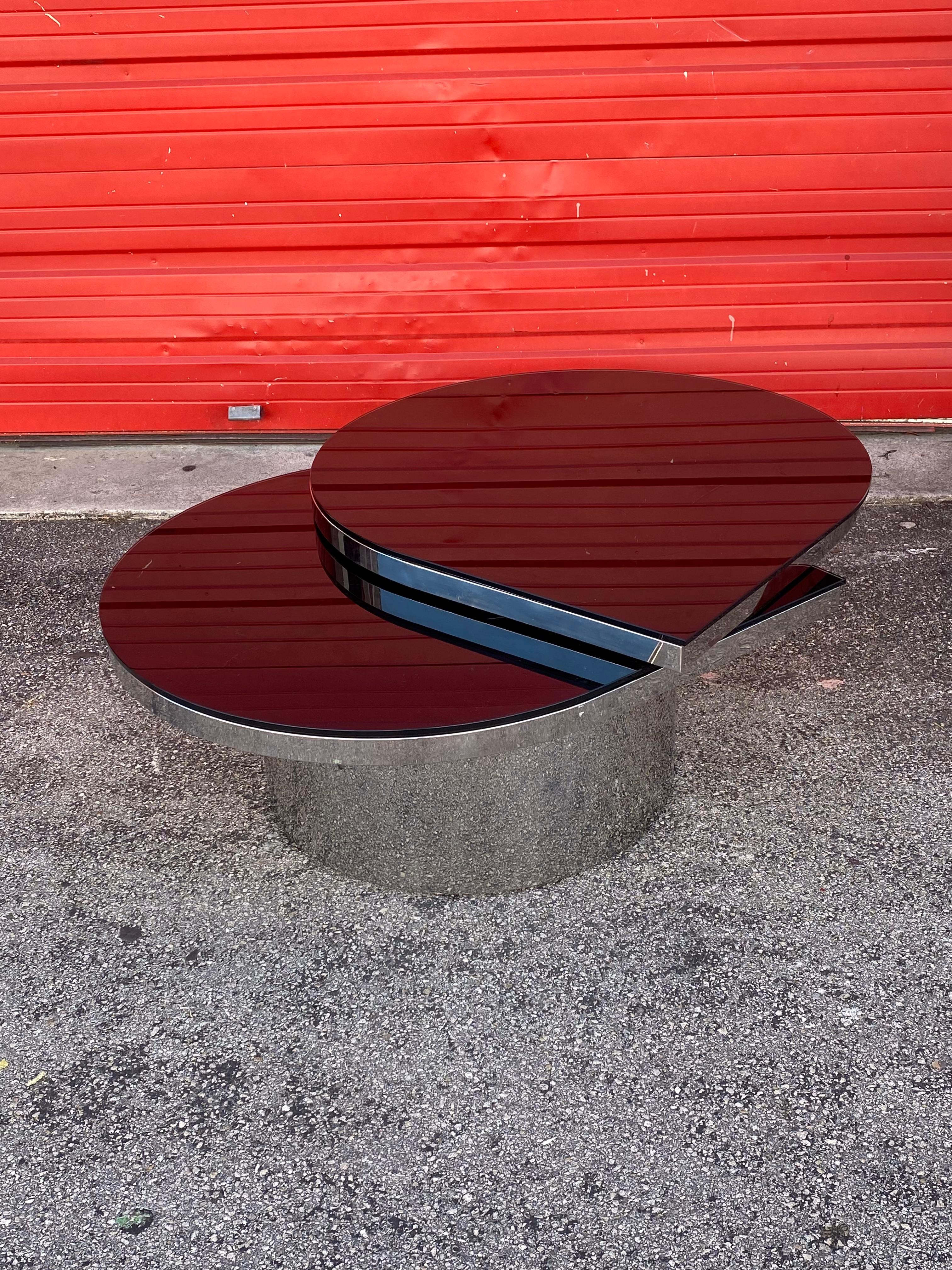 Stainless Steel 1990s DIA Chrome Glass Round Pedestal Swivel Teardrop Coffee Table