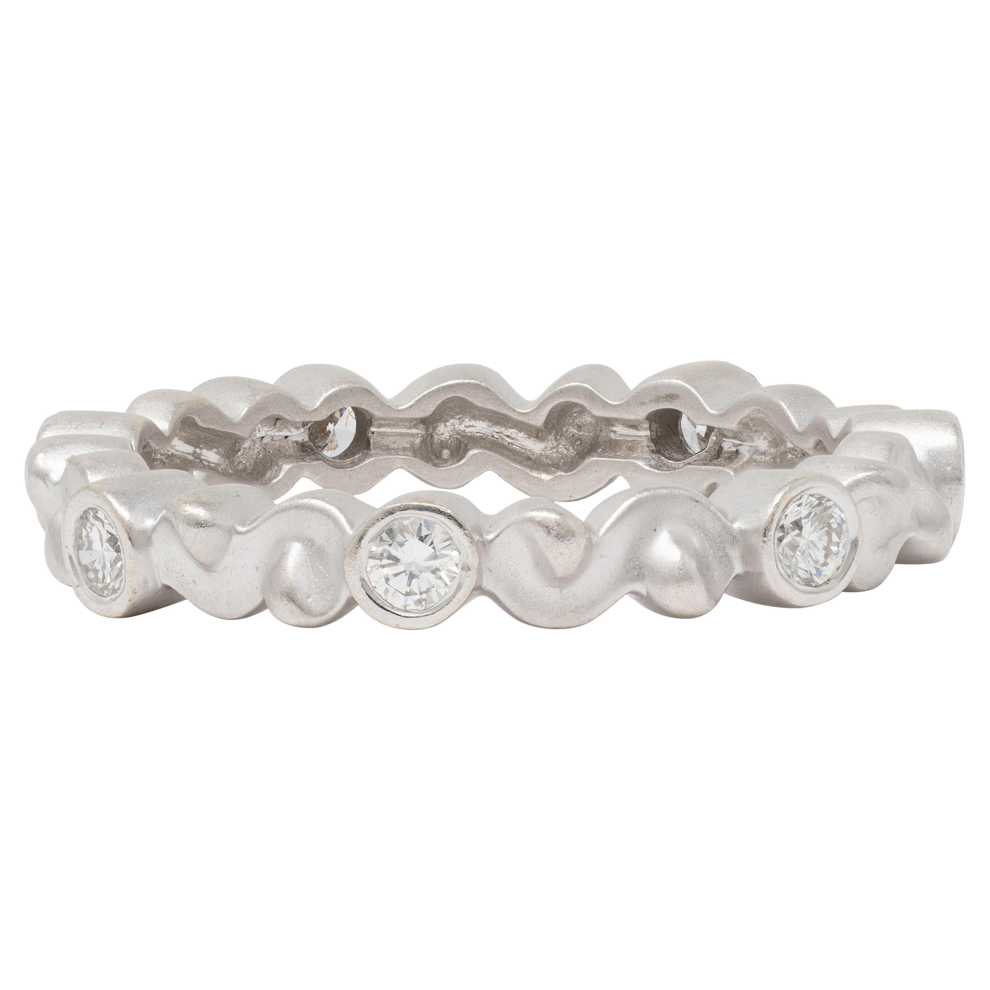 1990's Diamond 14 Karat White Gold Vintage Scrolling Bezel Band Ring For Sale
