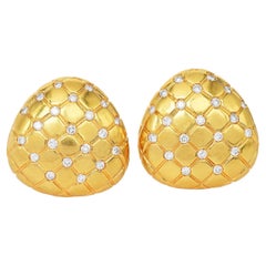 1990s, Diamond 18K Yellow Gold Quilted Cushion Clip on Earrings