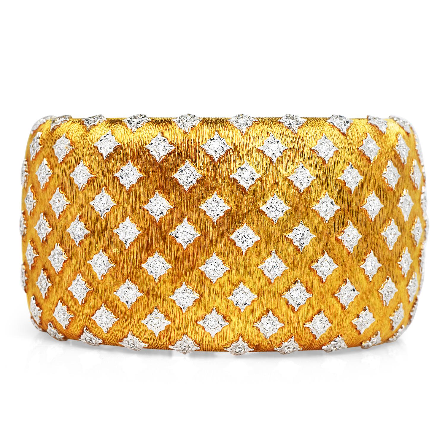 A magnificent wide cuff bracelet, with timeless elegance, and a royalty Inspired look, is definitely the perfect accessory for every evening dress.

Crafted in solid 18K yellow gold, featuring the Rigato effect characteristic of many Italian jewelry