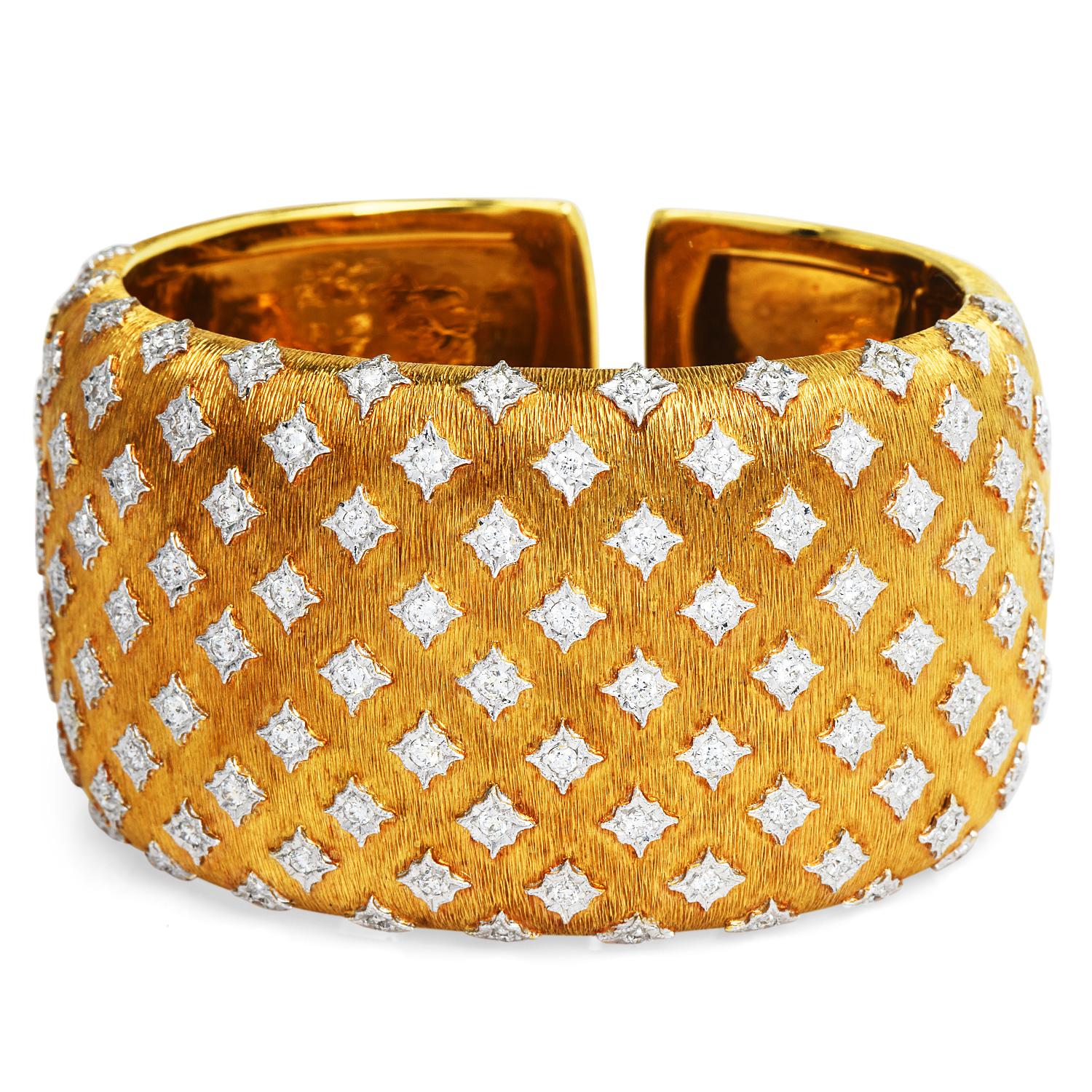 Modern 1990's Diamond 18K Yellow Gold Rigato Wide Cuff Bangle Bracelet
