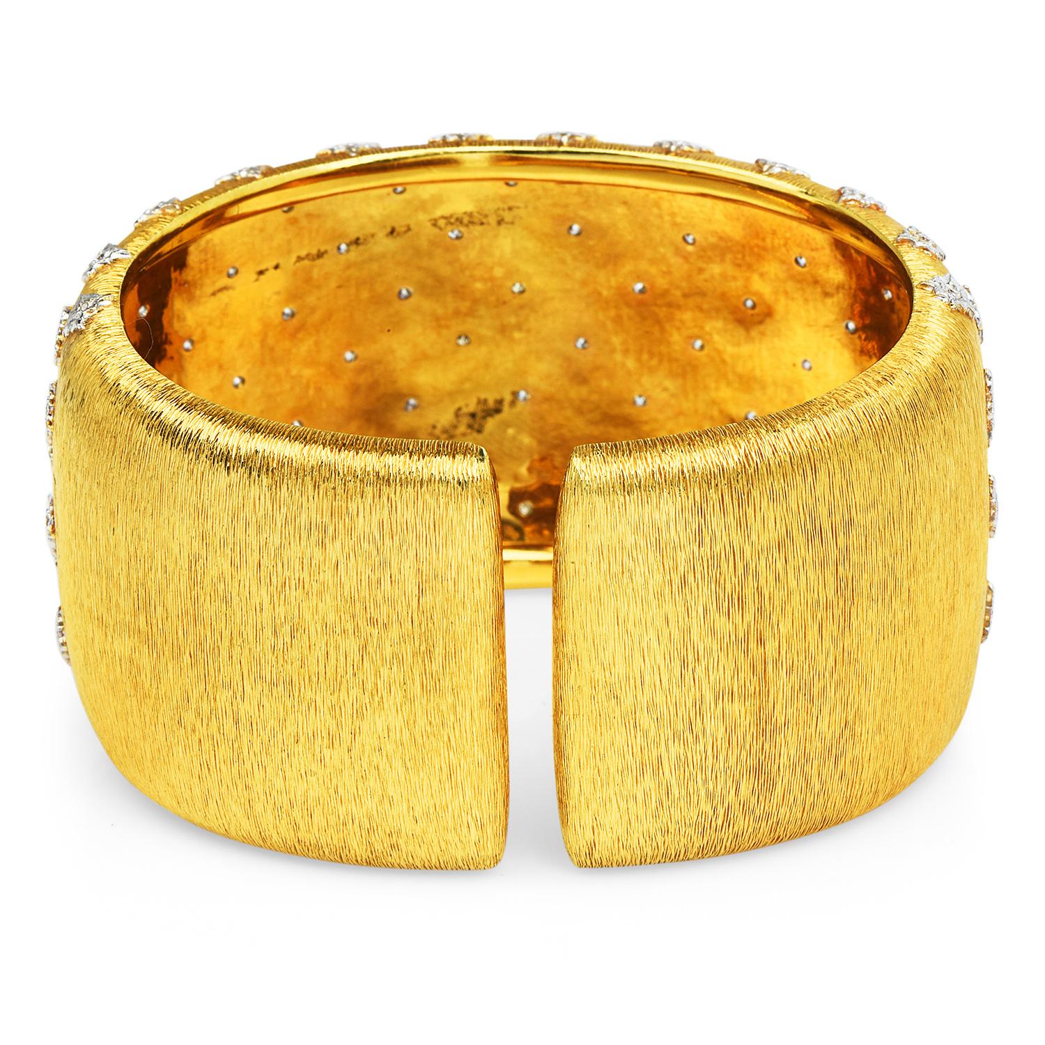 Round Cut 1990's Diamond 18K Yellow Gold Rigato Wide Cuff Bangle Bracelet