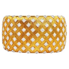 1990's Diamond 18K Yellow Gold Rigato Wide Cuff Bangle Bracelet