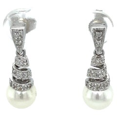 Vintage 1990s Diamond and Pearl Spiral Drop Earrings in 14 Karat White Gold