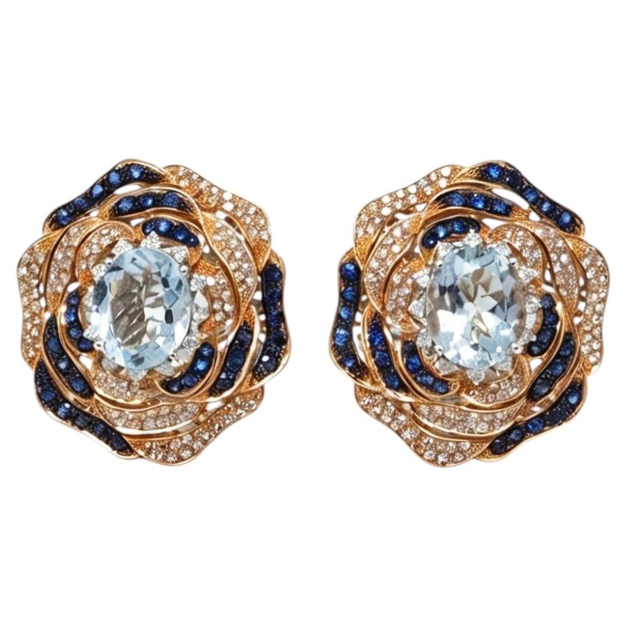 Boucles d'oreilles à clip à motif floral des années 1990, en diamant, aigue-marine, saphir, or rose et or blanc