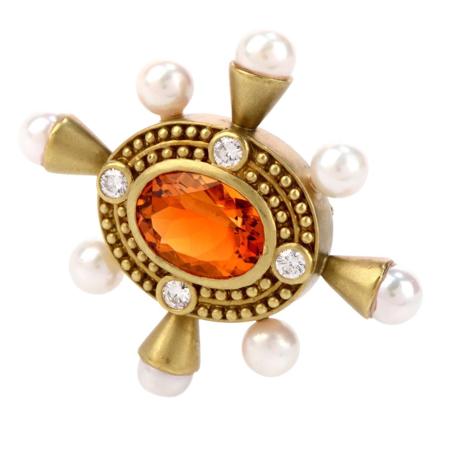  Burst into the room with vibrance with this Estate Diamond Citrine & Pearl 18K Gold Oval Pin Brooch.
 Crafted in 18K gold and weighing 21.5 grams, this wonderful pin brooch measures at 42 by 48 millimeters. 
There is one oval, bezel set, genuine