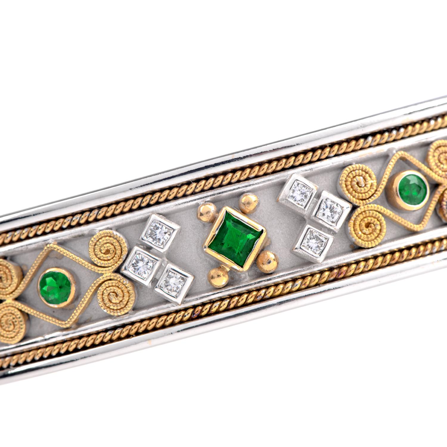Natural Diamond and Emerald Gemstone Bangle Bracelet, hand crafted  in 18K Yellow and White Gold. Natural earth mined Diamonds and Emeralds are bezel set on a wide band with beautiful craftsmanship work all over the Satin finish bangle.

The Cuff