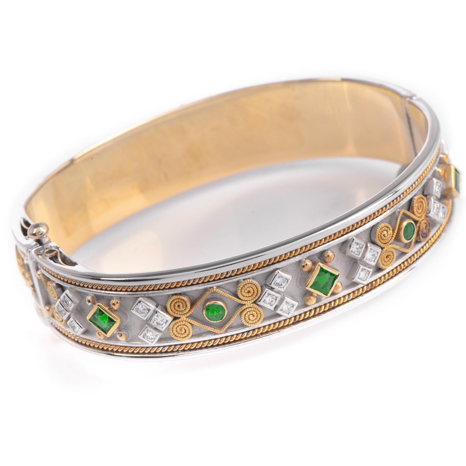1990er Jahre Diamant kolumbianischer Smaragd 18K Gold  Armreif-Armband (Moderne) im Angebot