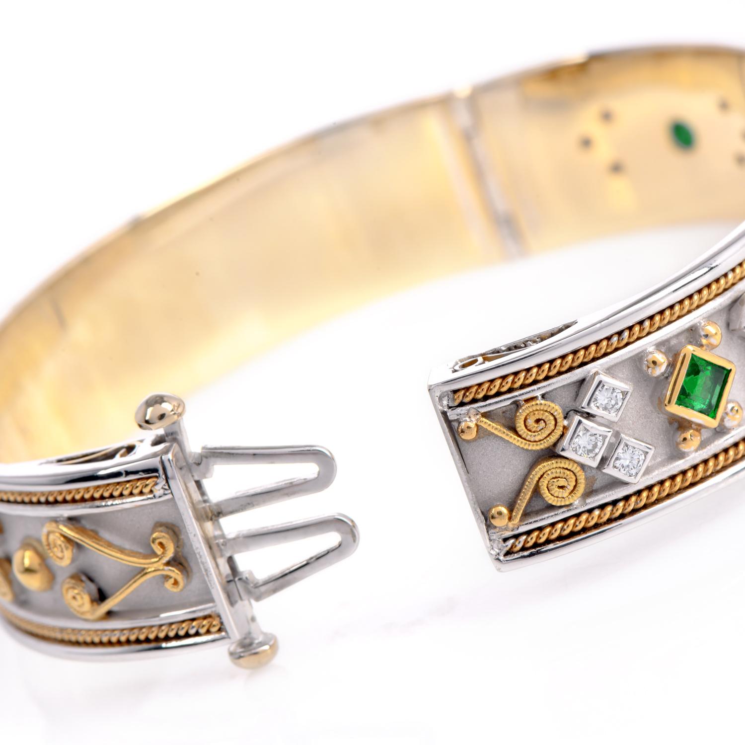 Asscher Cut 1990S Diamond Colombian Emerald 18K Gold  Bangle Bracelet For Sale