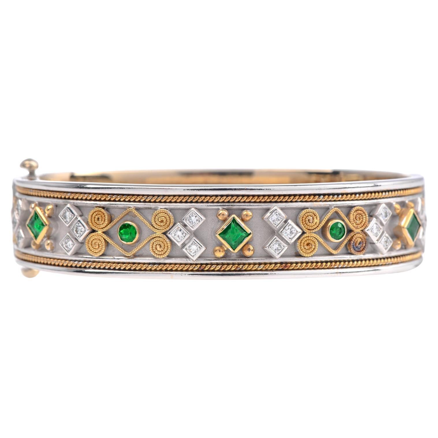 1990S Diamond Colombian Emerald 18K Gold  Bangle Bracelet For Sale