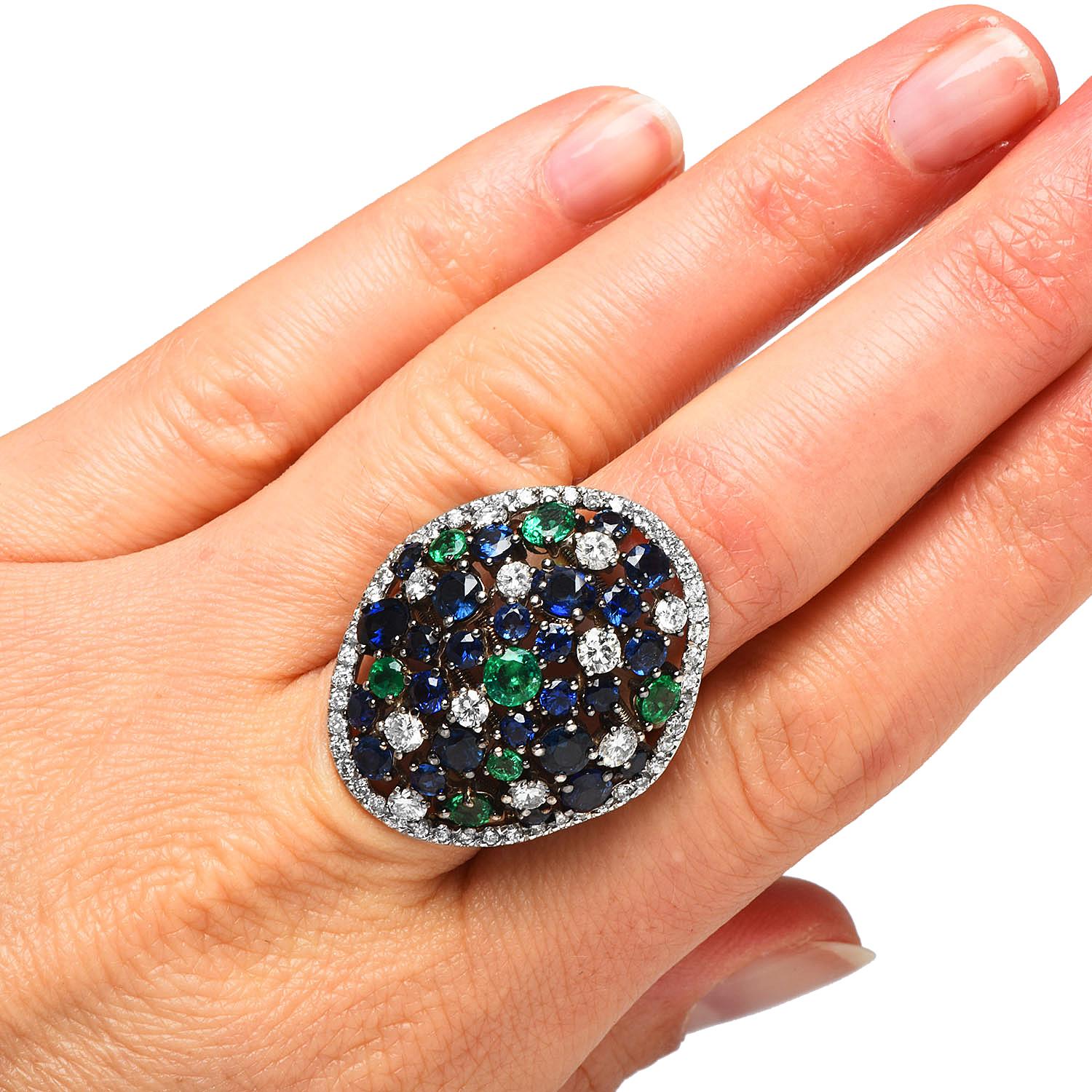 Modern 1990s Diamond Colombian Emerald Sapphire 18k Cluster Cocktail Ring