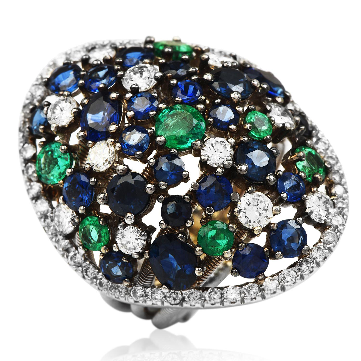 1990s Diamond Colombian Emerald Sapphire 18k Cluster Cocktail Ring 1