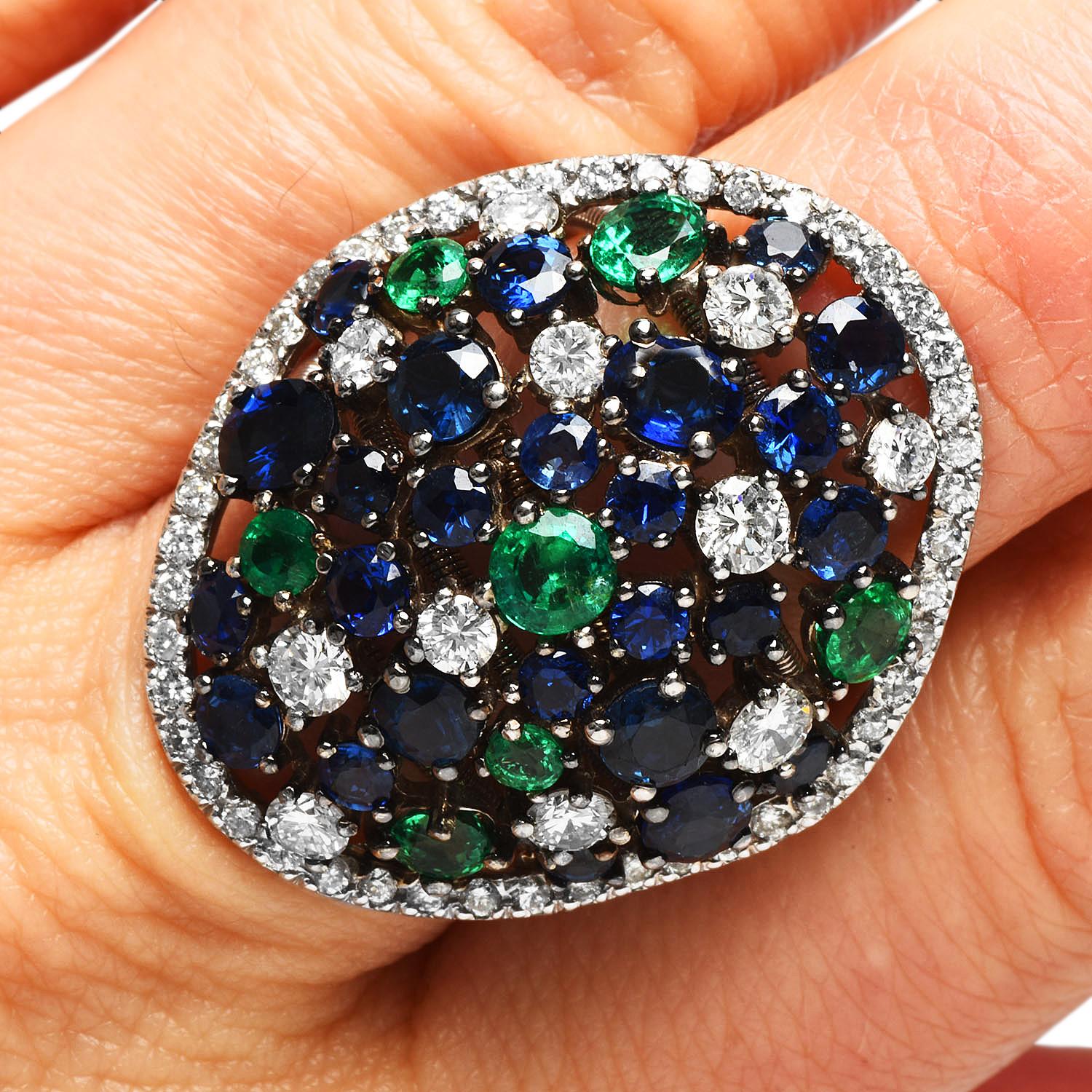 1990s Diamond Colombian Emerald Sapphire 18k Cluster Cocktail Ring 2