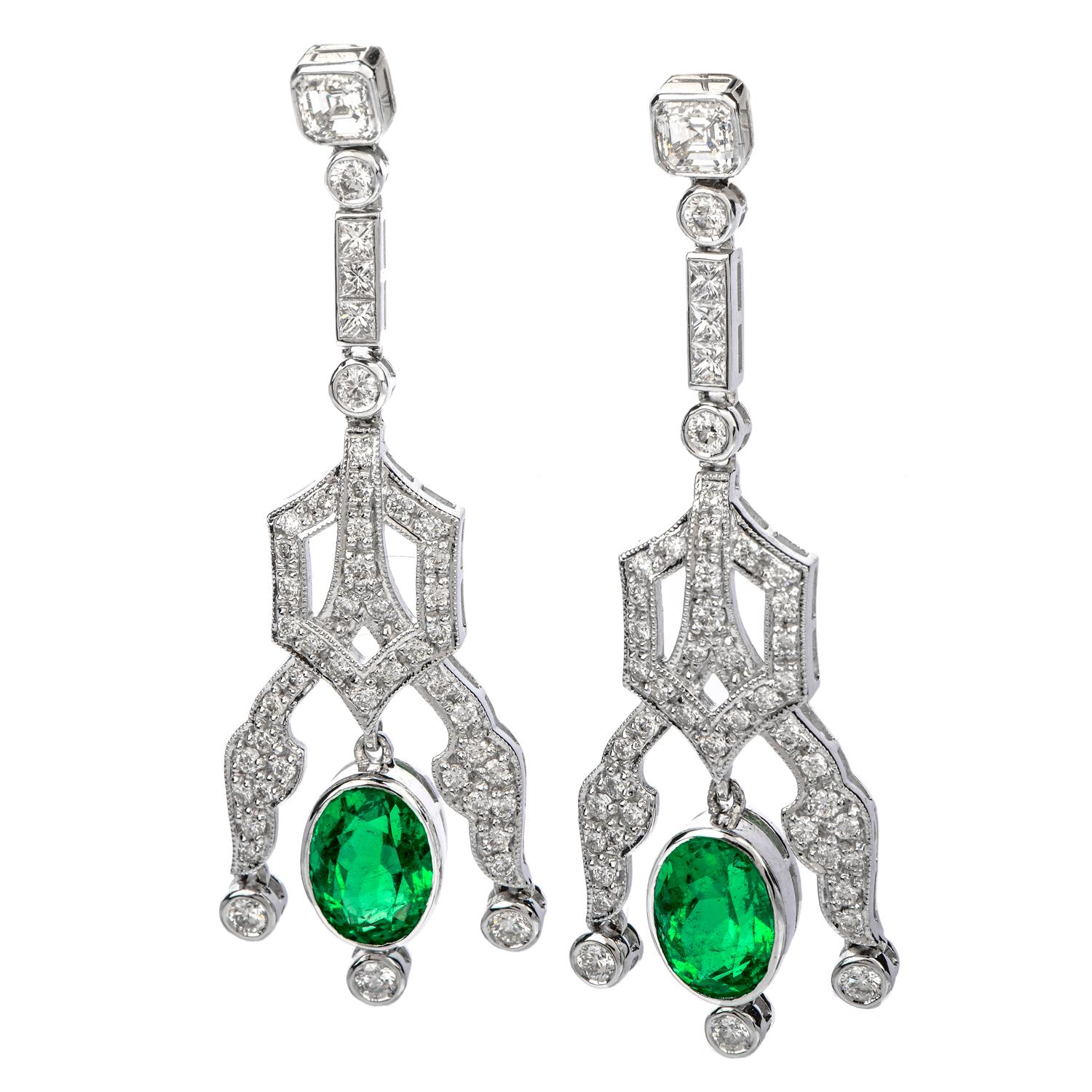 Oval Cut 1990s Diamond Emerald 18 Karat Gold 6.22 Carat Oval Drop Dangle Earrings