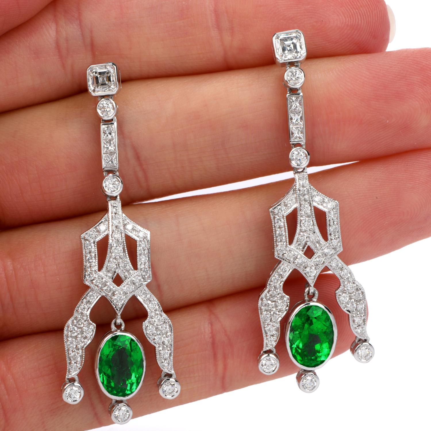 Women's 1990s Diamond Emerald 18 Karat Gold 6.22 Carat Oval Drop Dangle Earrings