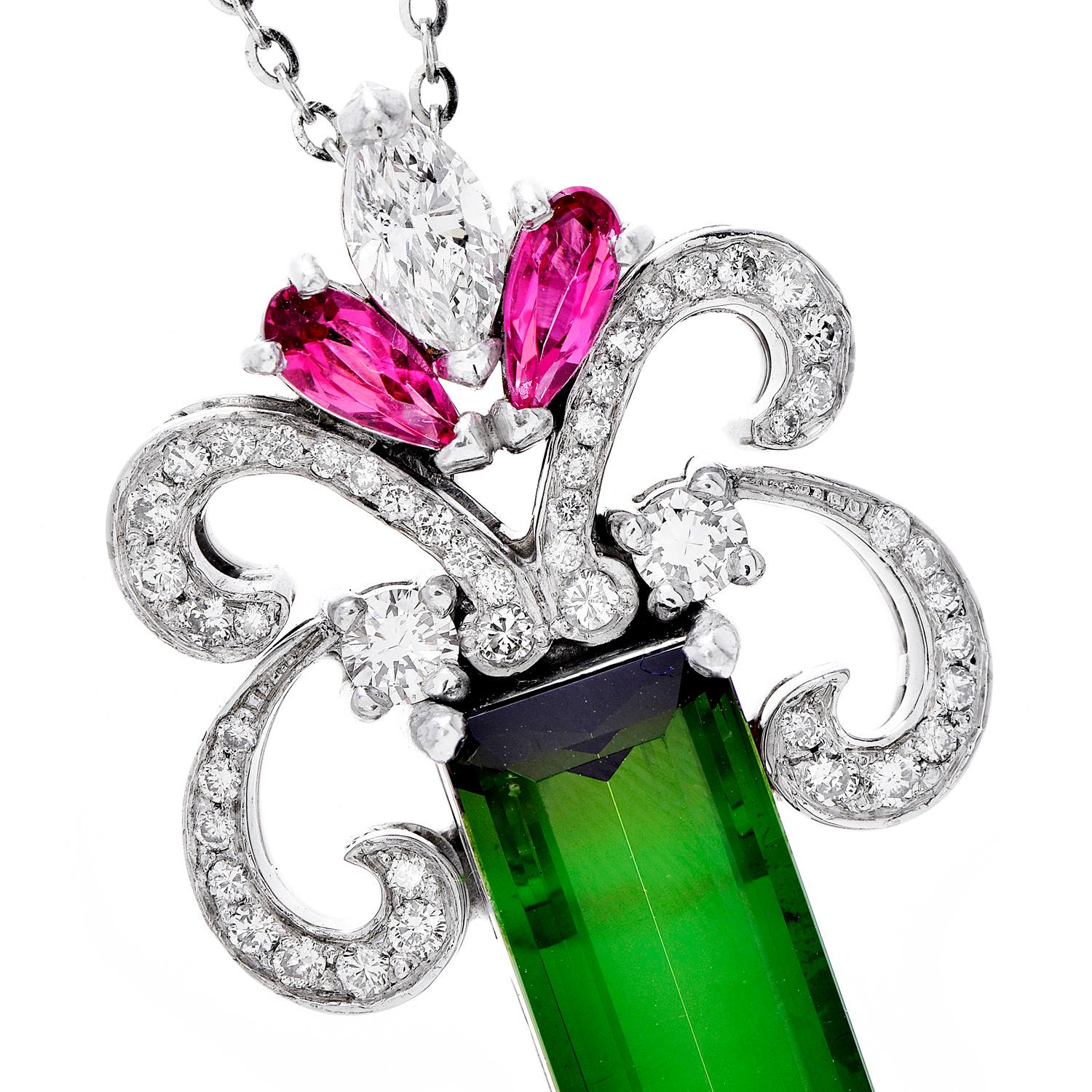 Fleur de Lis Inspired design, bar-style floral pendant,

Hand Crafted in solid 18K White gold by a master jeweler, with a center deep green color Tourmaline, rectangular cut, prong set, weighing approximately 7.80 carats, decorated from top to
