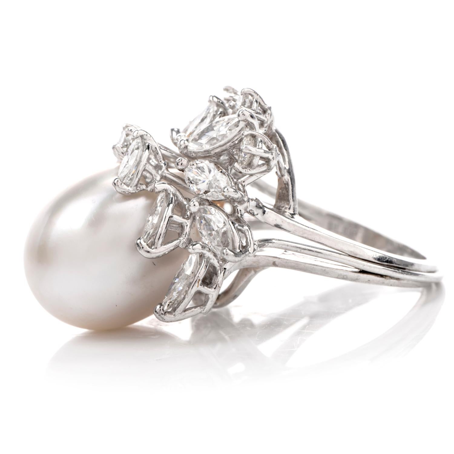 Marquise Cut 1990s Diamond Marquise Cluster Pearl Platinum Cocktail Ring