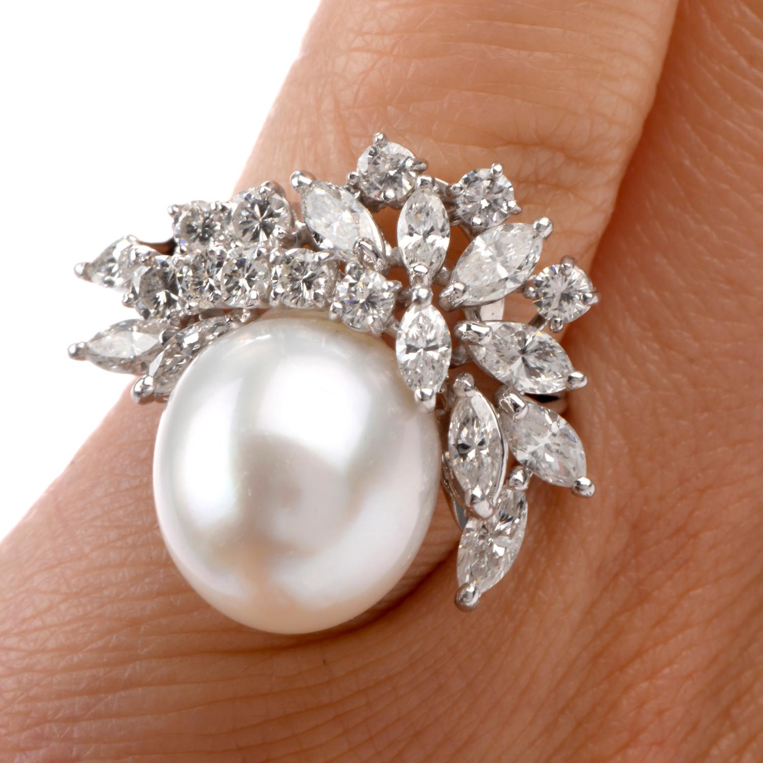 Women's 1990s Diamond Marquise Cluster Pearl Platinum Cocktail Ring