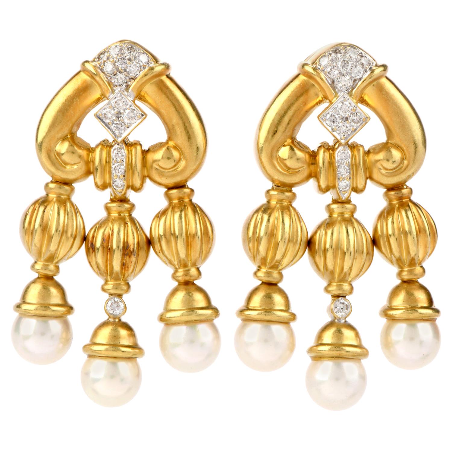 1990s Diamond Pearl 18 Karat Gold Chandelier Drop Earrings