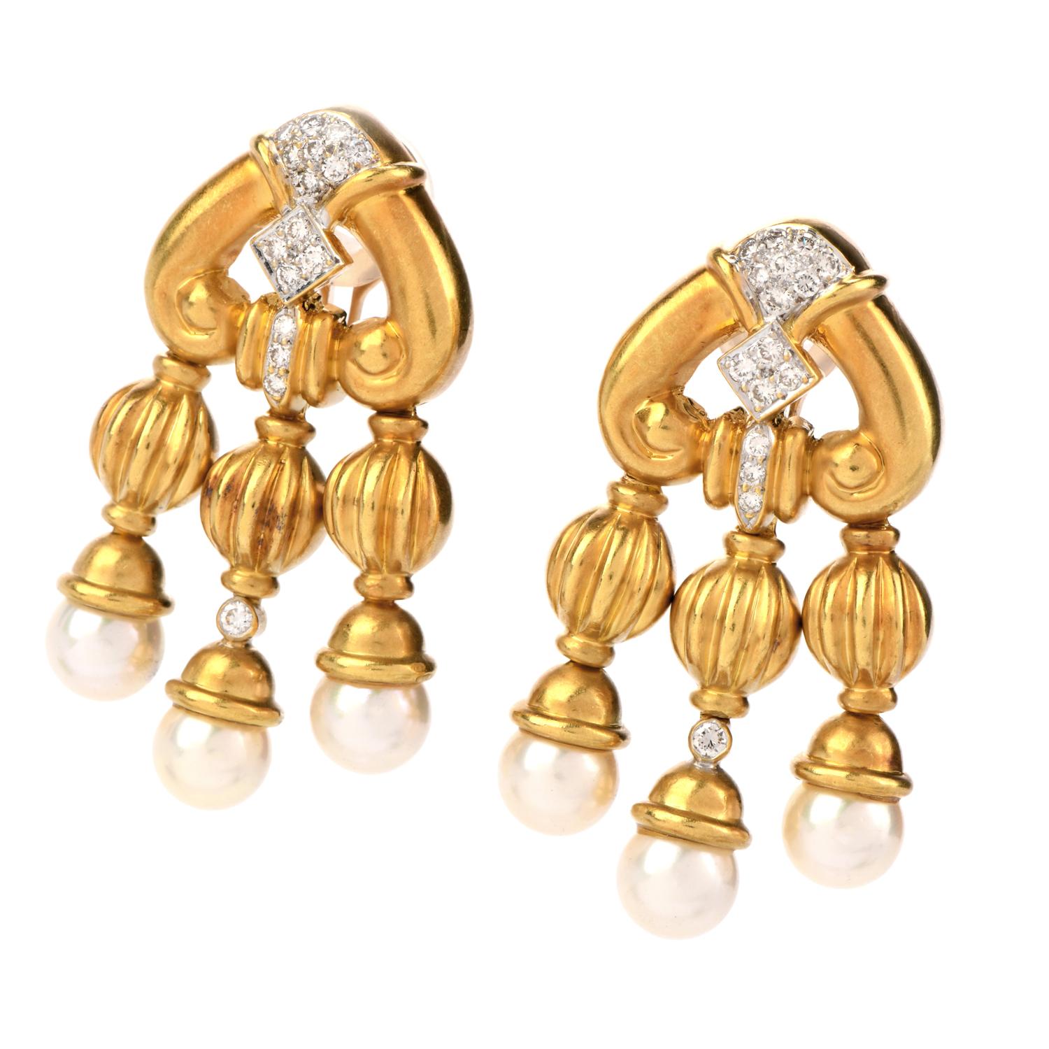  Live life like you’re the Prima Donna of the Opera, with these extravagant Vintage Diamond Pearl 18K Gold Chandelier Drop Earrings!  These earrings have 32 genuine diamonds, round cut, pave set, approximately 0.45 total carats; along with 3 genuine